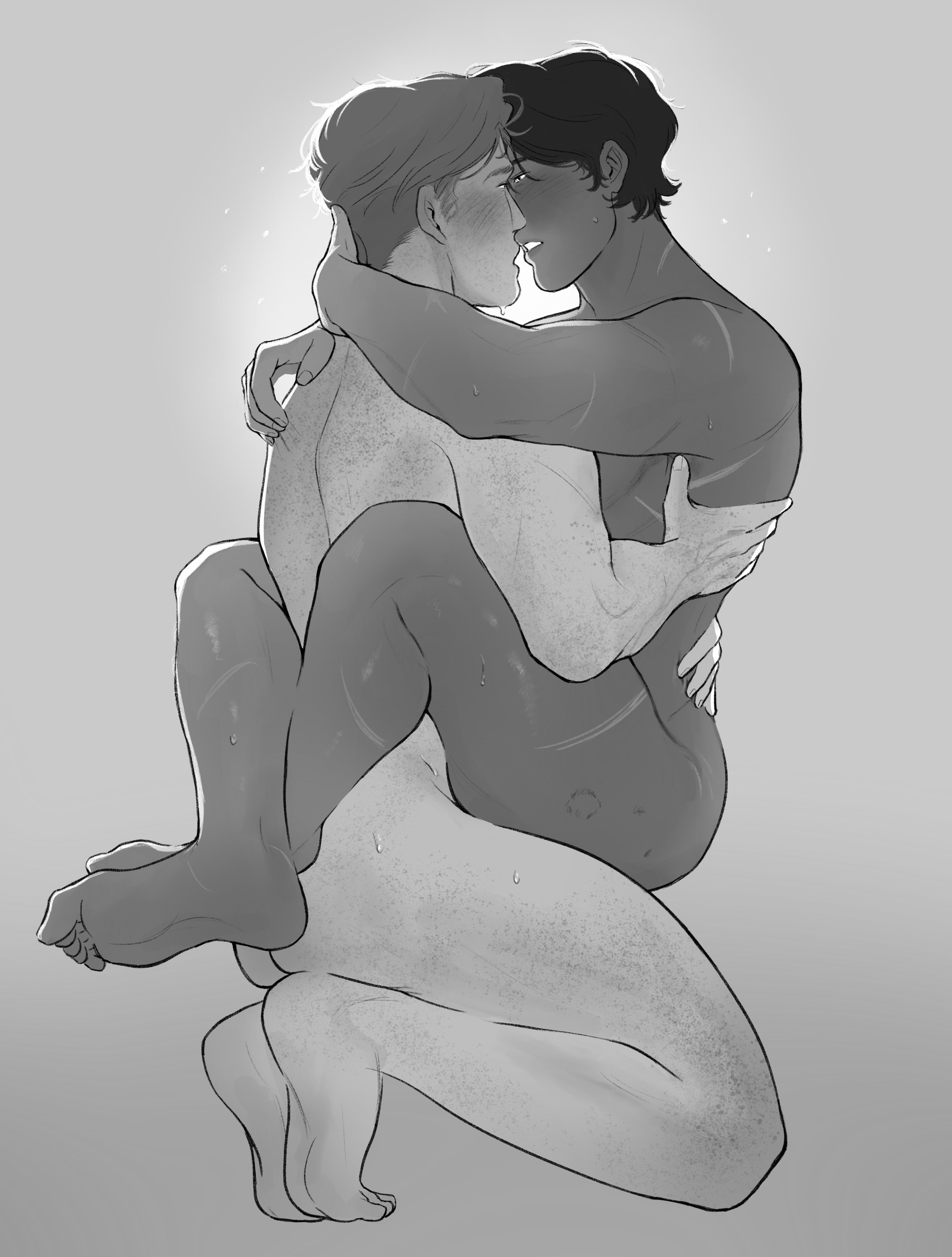 2boys, anal sex, batman (series), dc, dc comics, dick grayson, digital drawing (artwork), embrace, eyes locked, freckles, gay, hazzymayy , love bite, male, monochrome, nightwing, no visible genitalia, romantic, romantic sex, scarred body, sex, sweat, the flash (series), wally west, yaoi