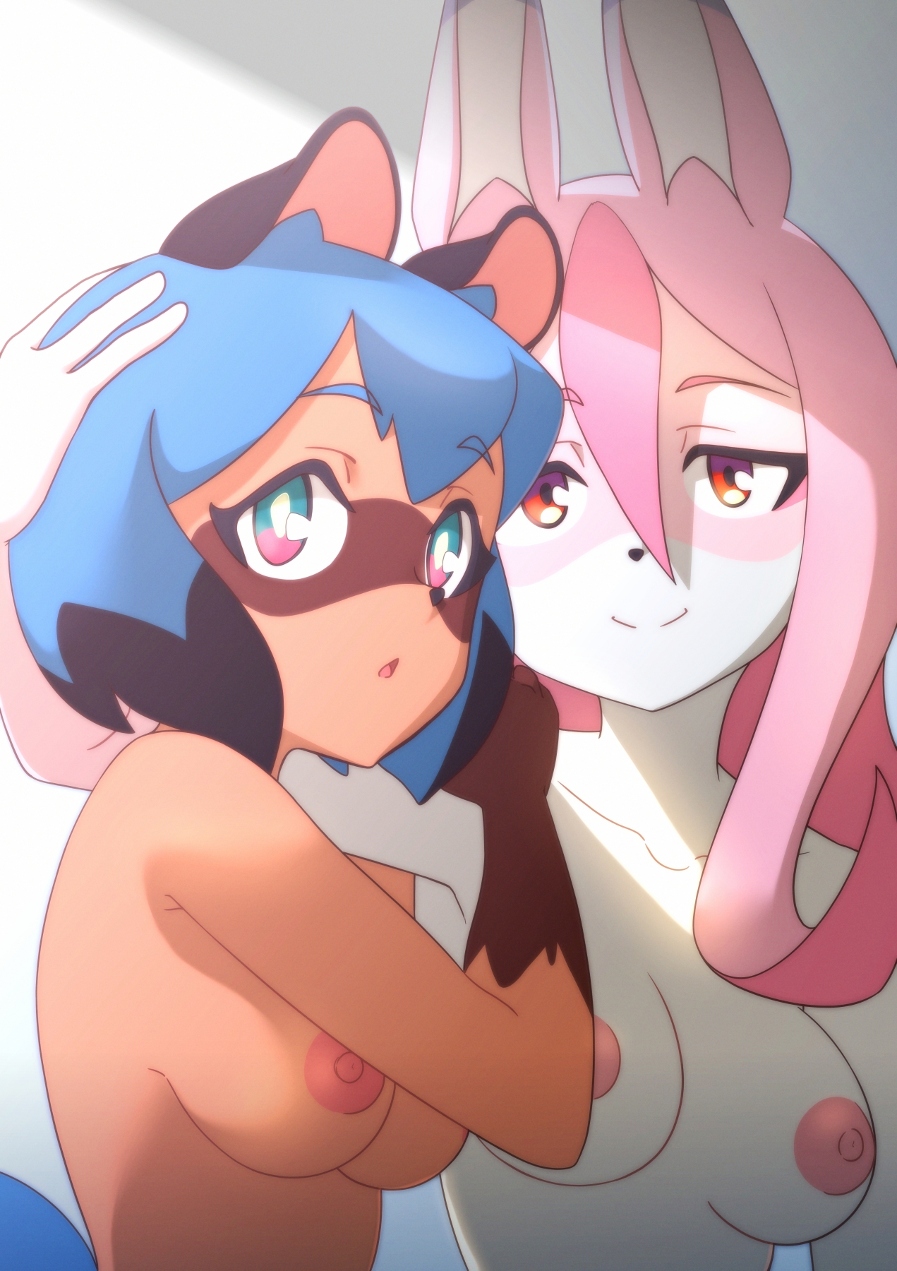 2021, 2girls, anthro, areola, black hair, blue hair, brand new animal, breasts, brown body, brown fur, canid, canine, duo, female, female only, female/female, fox, fur, hi res, kemono, looking at viewer, mammal, michiru kagemori, multicolored body, multicolored fur, multicolored hair, multiple females, multiple girls, nazuna hiwatashi, nipples, nude, pink body, pink fur, pink hair, raccoon dog, studio trigger, tan body, tan fur, tanquito, tanuki, white body, white fur
