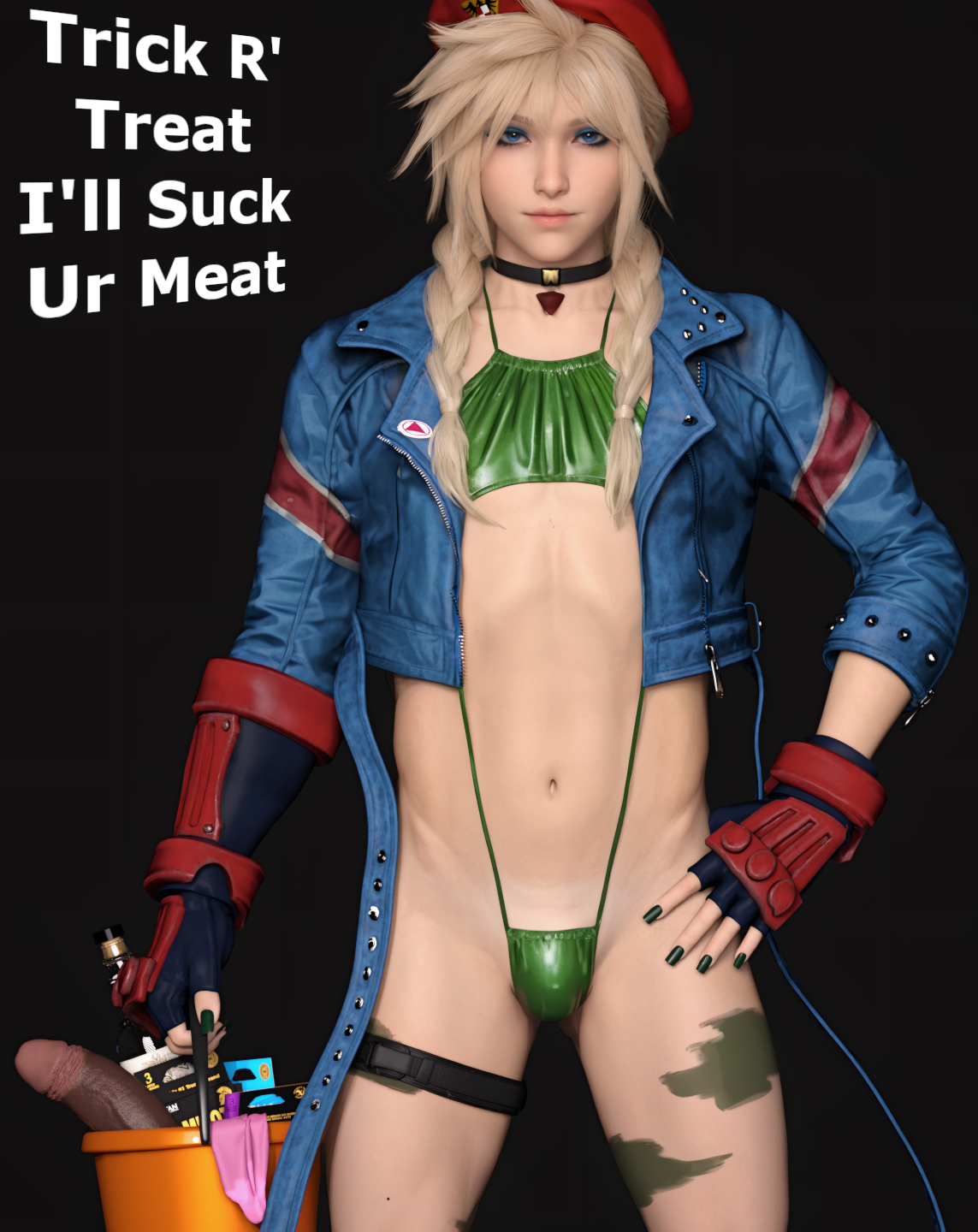 1boy, 3d, 3d (artwork), bikini, black dildo, blonde hair, blue eyes, braid, braided hair, bulge, bulge under clothes, cammy white (cosplay), choker, cloud strife, condom, crossdressing, dildo, english text, eyeshadow, femboy, final fantasy, final fantasy vii, final fantasy vii remake, gay, green mankini, hdregrets, makeup, male, mankini, navel, penis, sissy, sling bikini, slingshot swimsuit, small bulge, street fighter, swimsuit, tiny penis, trap, twink, used condom, yaoi