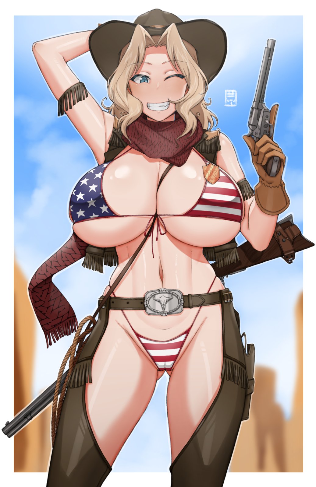 1girls alternate_costume american_flag american_flag_bikini arm_behind_head arm_up bikini blonde_hair blue_eyes breasts brown_gloves brown_headwear cameltoe chaps cleavage cowboy cowboy_hat cowboy_western female female_only flag_print girls_und_panzer gloves gun hair_intakes handgun handplug hat hi_res highres holding holding_gun holding_weapon holster huge_breasts kay_(girls_und_panzer) large_breasts long_hair navel one_eye_closed panties revolver rifle scarf smile solo swimsuit thighs weapon western