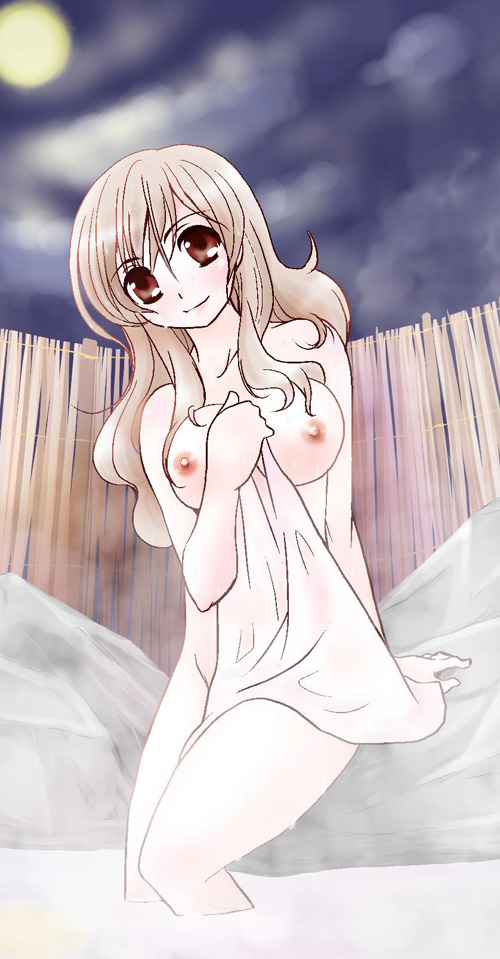 asahina_mikuru brown_eyes female hot_spring large_breasts long_hair moon night sentape smile solo suzumiya_haruhi_no_yuuutsu towel