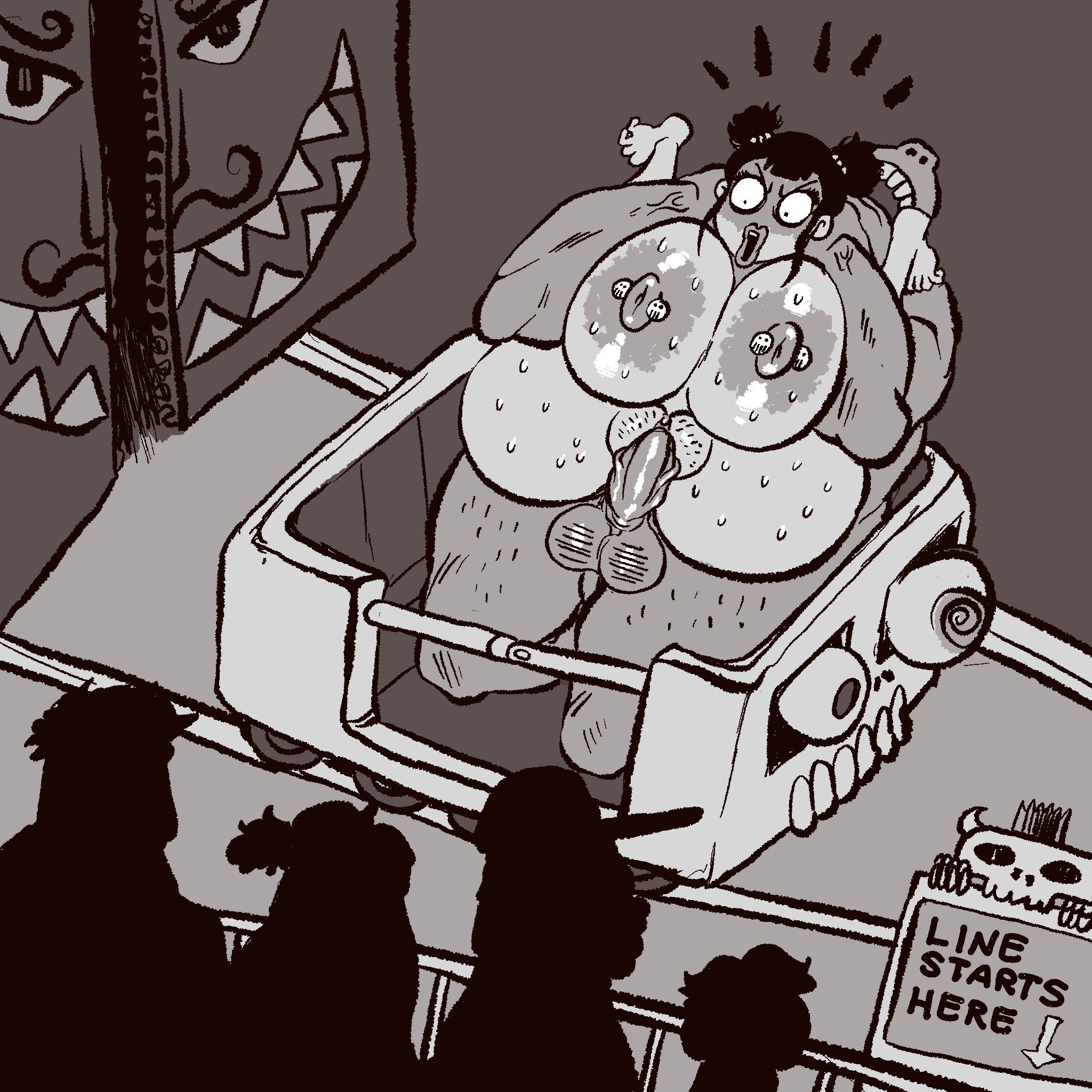 breasts, caught in the act, female, full nelson, halloween, huge breasts, lewdbeef, lewdcreep, male, nightmare waifu, nipple piercing, public sex, roller coaster