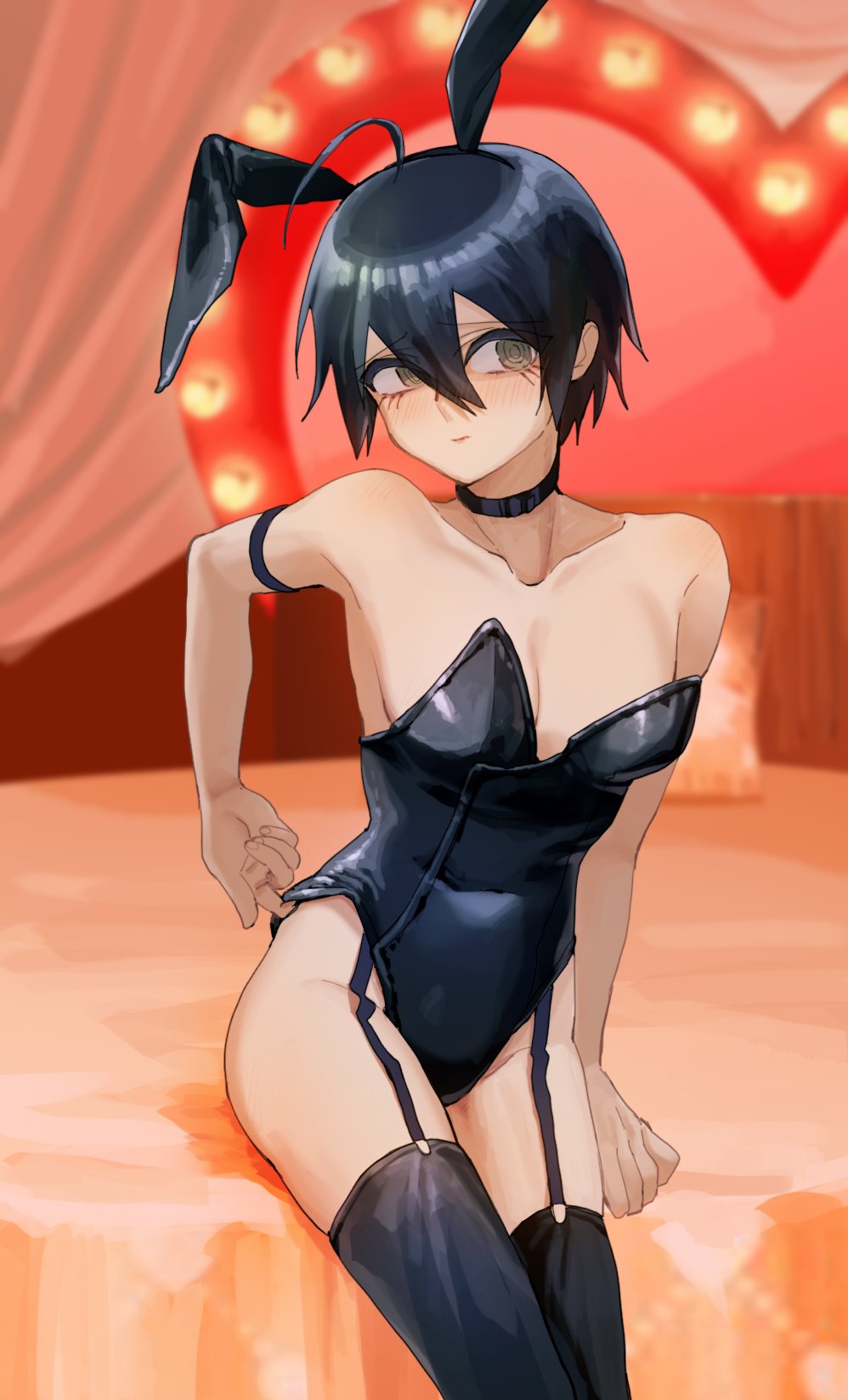 2022, 50k v3, blush, bunny ears, bunnysuit, crossdressing, danganronpa, danganronpa v3, embarrassed, femboy, male, male focus, male only, saihara shuuichi, straight hair