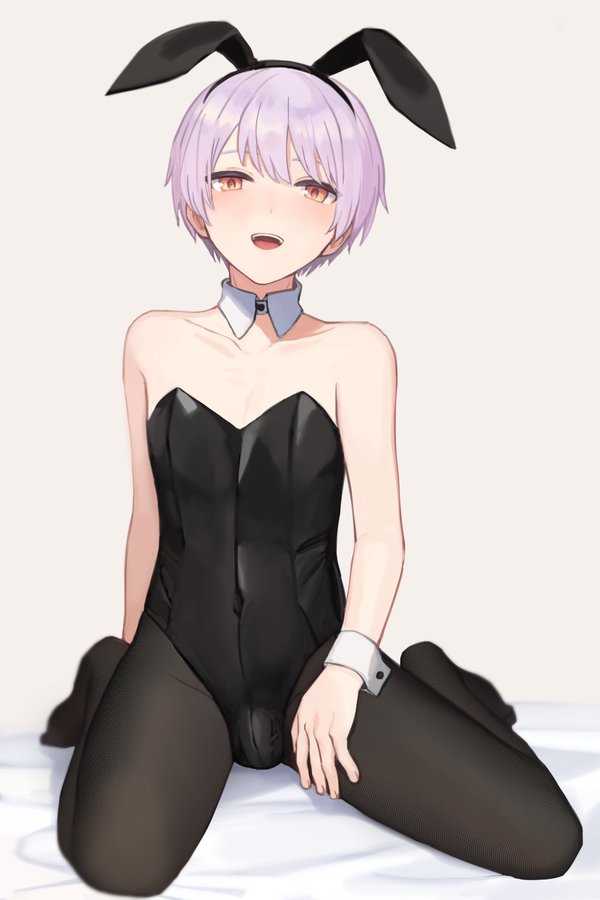 1boy bulge bunny_ears bunnysuit crossdressing cuffs femboy girly kneeling looking_at_viewer male male_only open_mouth pantyhose purple_hair solo sunaba_(nczd5875) trap