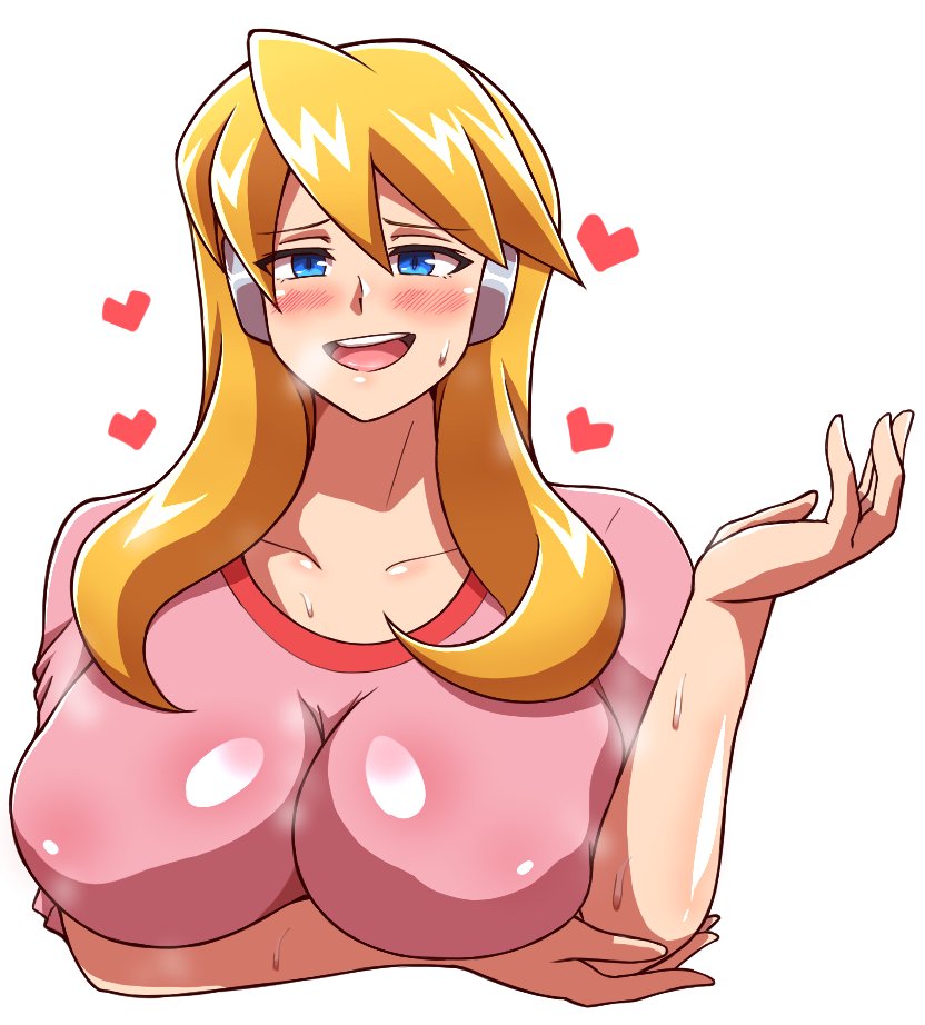 alia blonde_female blonde_hair blue_eyes blush casual_clothes collarbone giant_breasts headphones heart horny_female i_need_her lifting_breasts long_hair mega_man mega_man_x noburockman robot_girl steaming_body sweating white_background