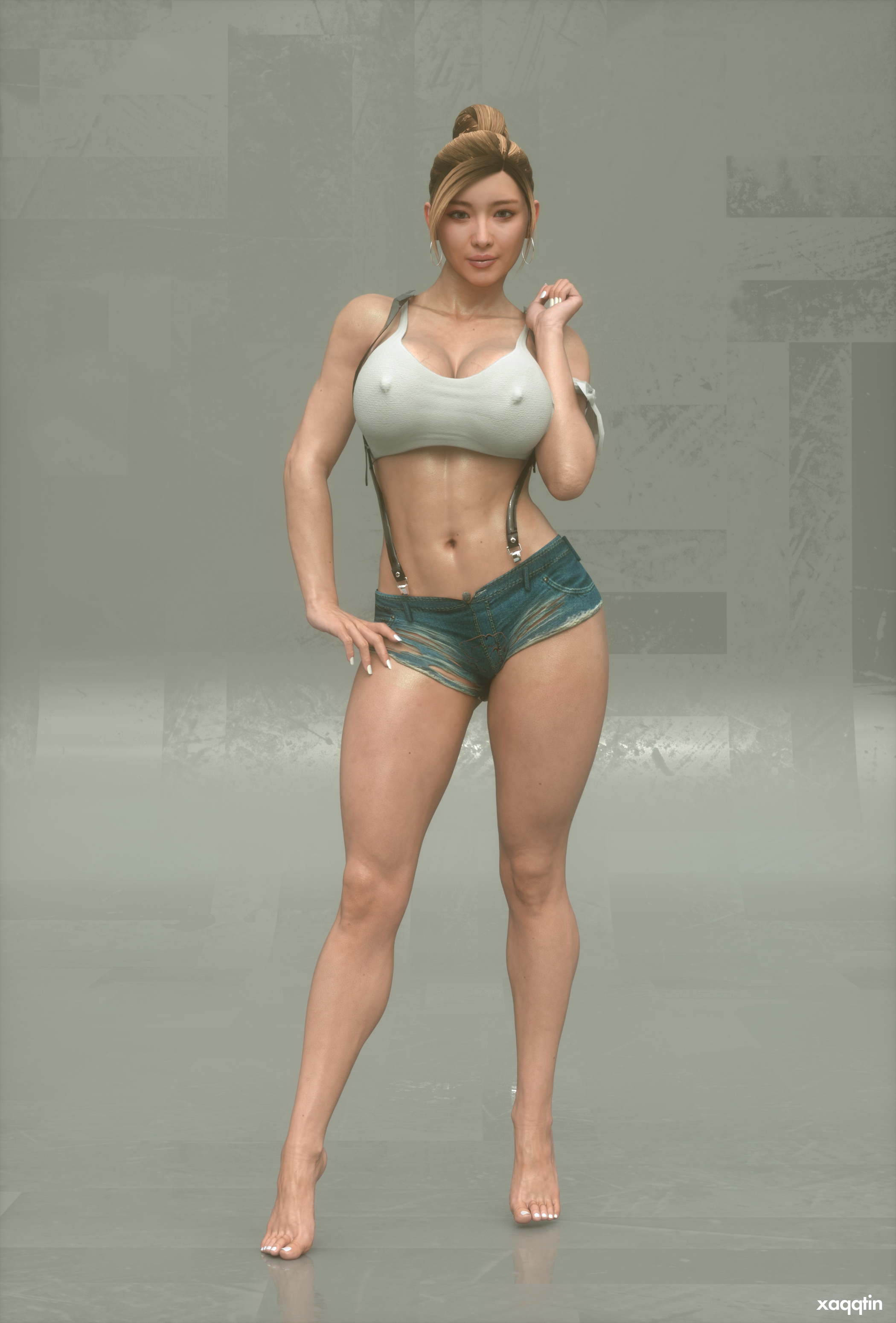 3d, asian, bimbo, breasts, cleavage, curvaceous, curvy, female, hoop earrings, huge breasts, looking at viewer, milf, shorts, skimpy, skimpy clothes, sweat, sweating, sweaty, tank top, tease, teasing, tiptoes, voluptuous, xaqq