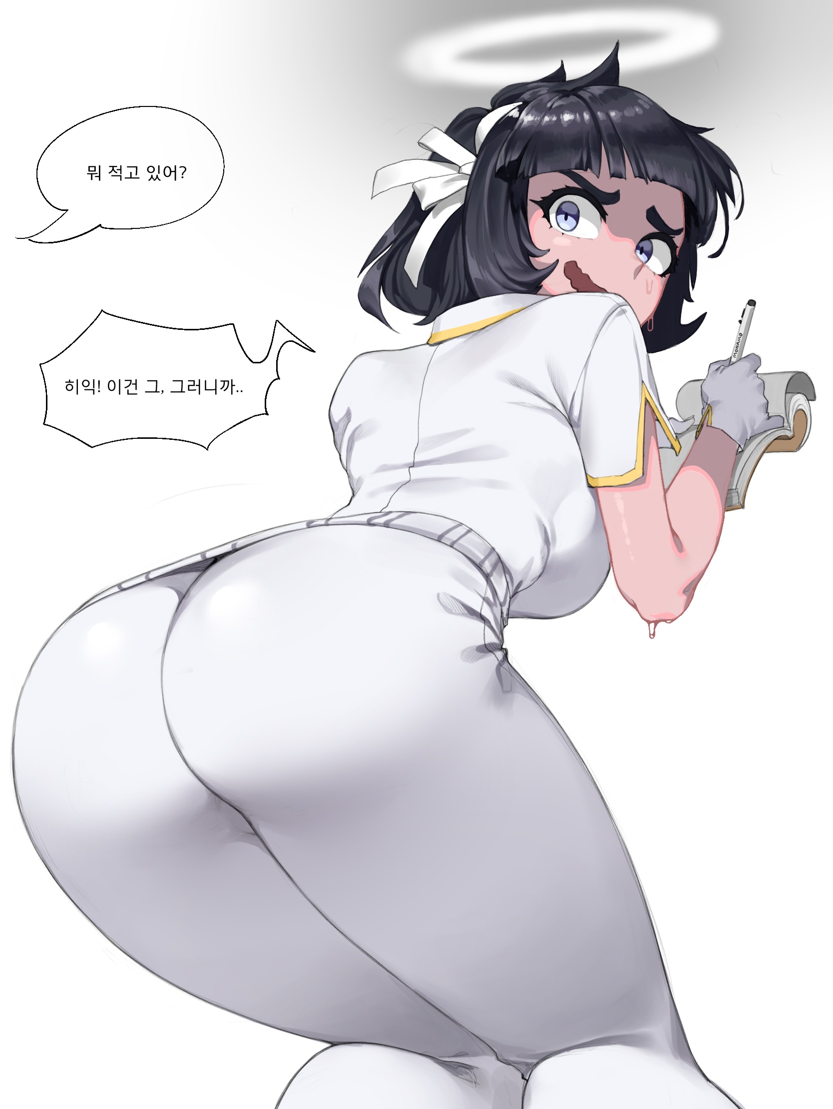 2020, angel, artist request, ass, ass focus, azazel (helltaker), gloves, helltaker, looking back, solo, speech bubble, suit, sweat, wavy mouth, white pants