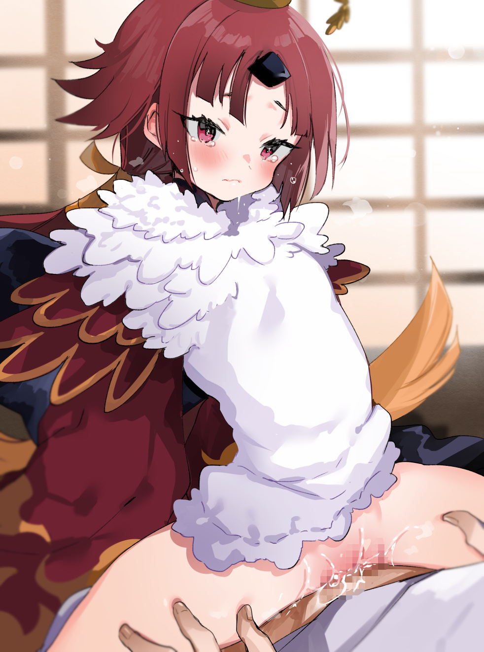 1boy apron bangs benienma_(fate) bird_hat blush brown_headwear censored clothed_sex cowgirl_position fate/grand_order fate_(series) female highres japanese_clothes kimono long_hair long_sleeves looking_at_viewer low_ponytail mosaic_censoring nonoyama parted_bangs penis pussy red_eyes red_hair red_kimono sex small_breasts spread_legs straddling straight thighs vaginal_penetration very_long_hair white_apron wide_sleeves