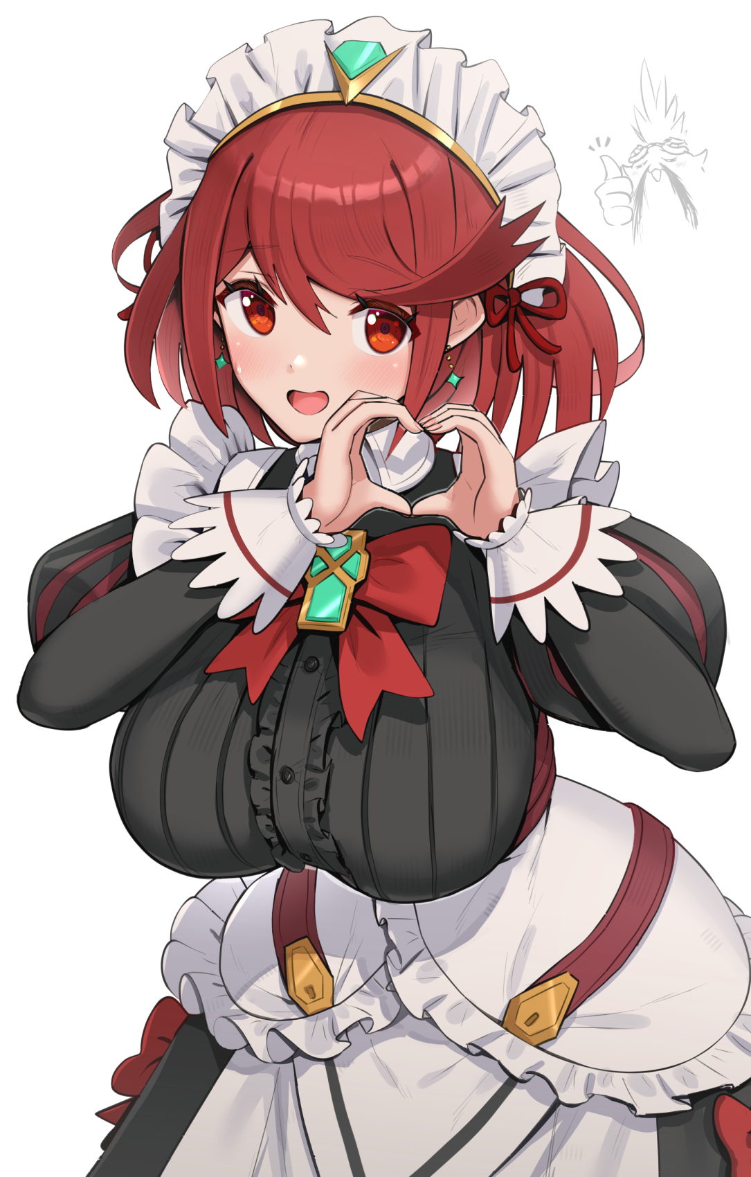 1girls, 2022, bangs, blush, breasts, clothed, clothed female, female, female only, gonzarez, heart hands, hi res, hips, huge breasts, maid, maid headdress, maid outfit, maid uniform, massive breasts, nintendo, posing, pyra, red eyes, red hair, short hair, simple background, slim waist, smile, swept bangs, wide hips, xenoblade (series), xenoblade chronicles 2