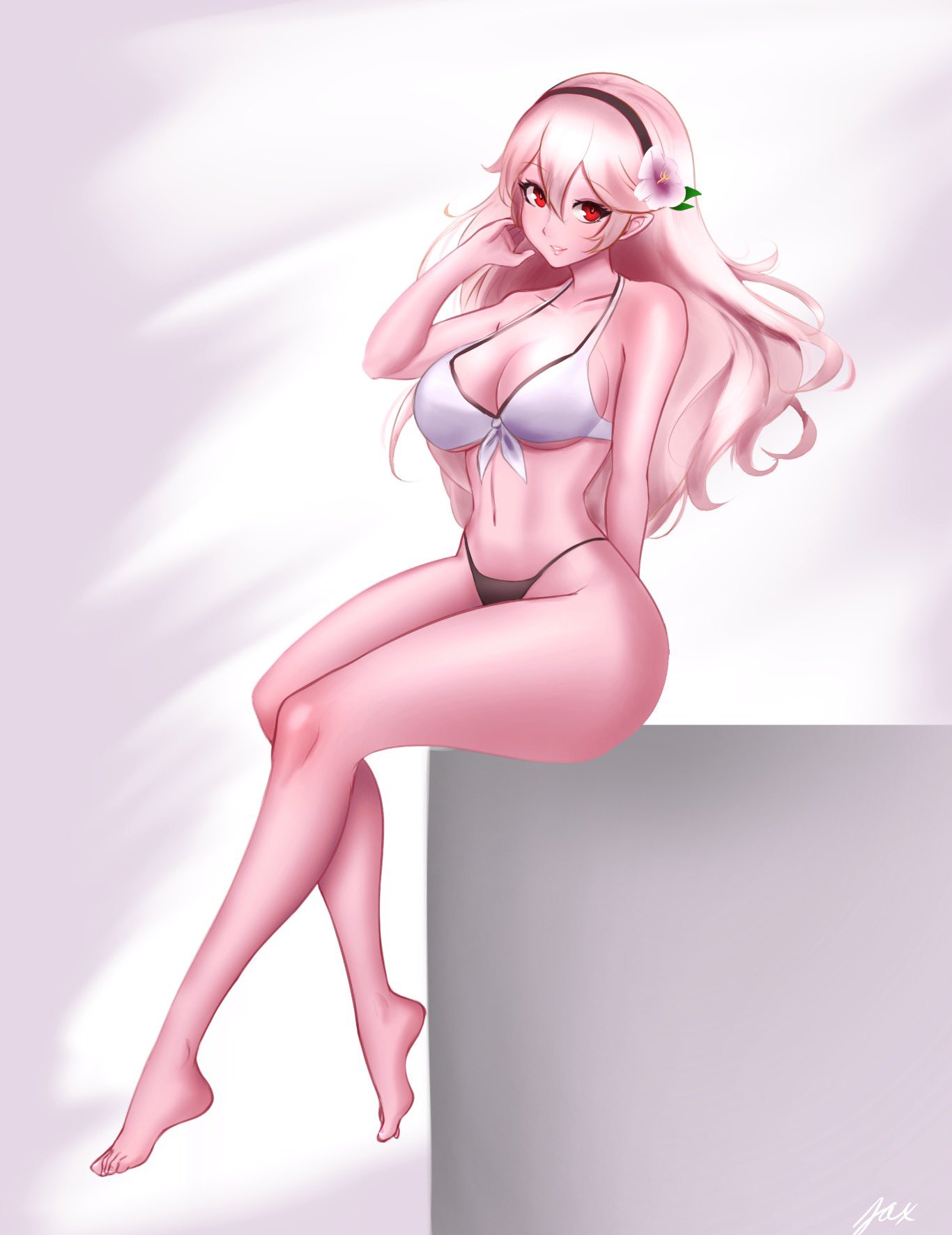 1girls, alternate costume, bikini, breasts, cleavage, corrin (fire emblem), corrin (fire emblem) (female), female, female only, fire emblem, fire emblem fates, fire emblem heroes, jaxartdump, looking at viewer, nintendo, official alternate costume, pointy ears, solo, swimsuit, underboob, white bikini, white swimsuit
