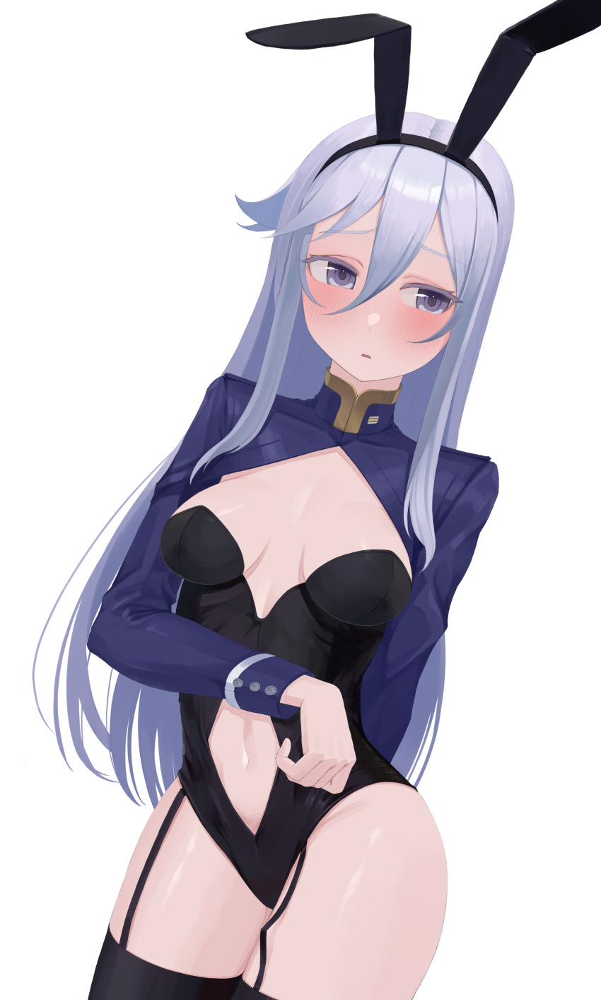 86 -eightysix-, blue eyes, blue hair, blush, breasts, bunnysuit, embarrassed, female, looking away, thick thighs, vladilena millize