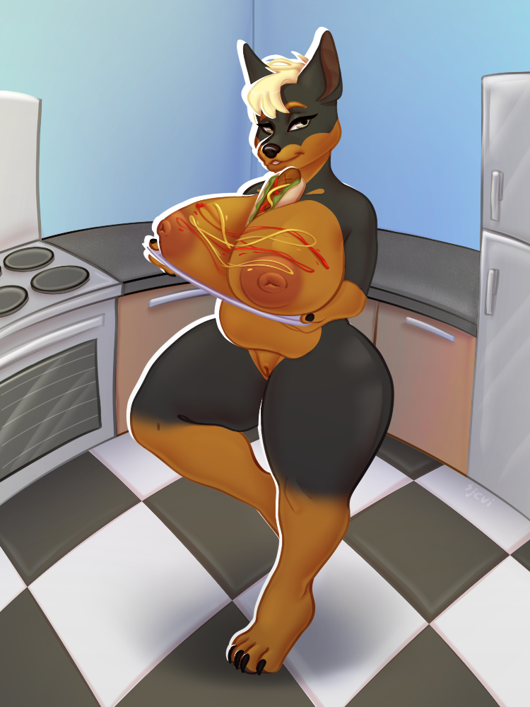 anthro big_breasts biped breasts canid canine canis curvy_figure digital_media_(artwork) dobermann domestic_dog female food genitals hair hot_dog huge_breasts ketchup kitchen looking_at_viewer mammal mustard nipples nude pinscher pussy sjevi smile solo thick_thighs wide_hips