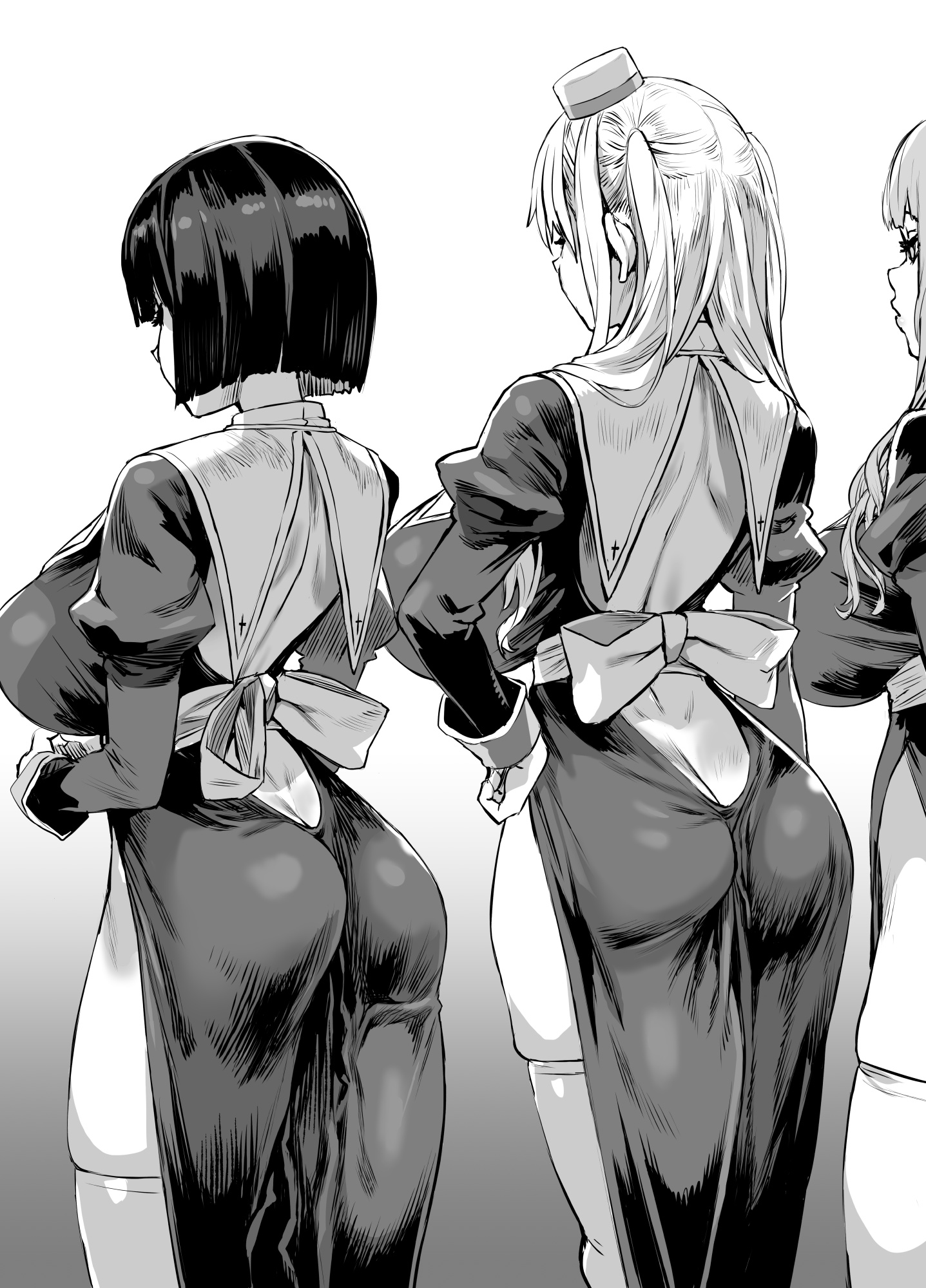 3girls, asanagi, ass, ass cleavage, ass crack, backboob, big ass, big breasts, big butt, blonde hair, breasts, butt crack, curvy, dark hair, facing away, female, female only, hand on hip, huge ass, huge breasts, huge butt, impossible clothes, light skin, light-skinned female, long hair, monochrome, multiple females, multiple girls, nun, original, pale skin, pale-skinned female, religious clothing, short hair, thick thighs, thighhighs