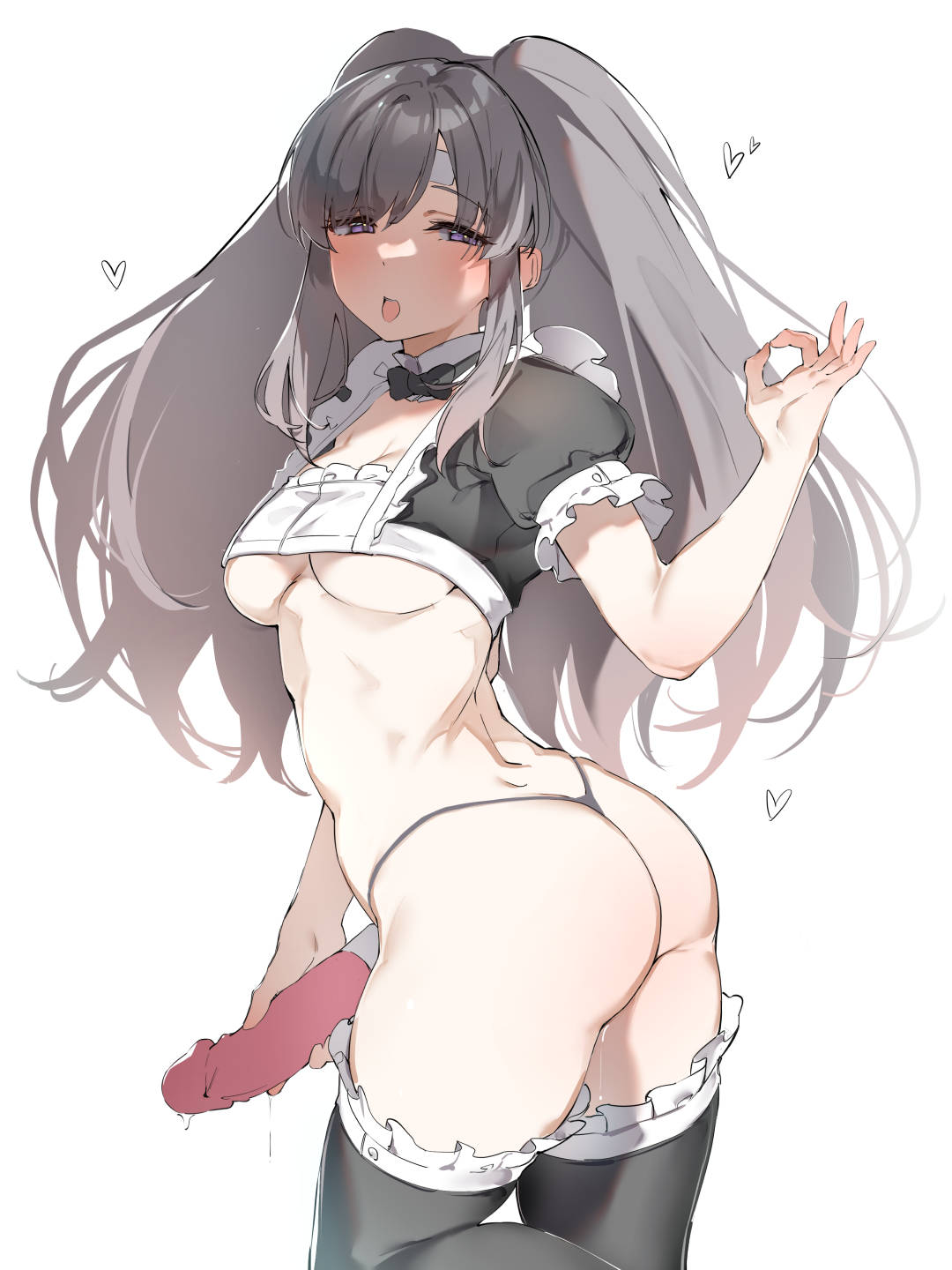 ass black_legwear black_panties breasts dildo female grey_hair heart highres holding holding_dildo idolmaster idolmaster_shiny_colors karan long_hair looking_at_viewer medium_breasts ok_sign open_mouth panties puffy_short_sleeves puffy_sleeves pussy_juice sex_toy short_sleeves simple_background solo thighhighs tongue tongue_out twintails underboob underwear white_background yukoku_kiriko