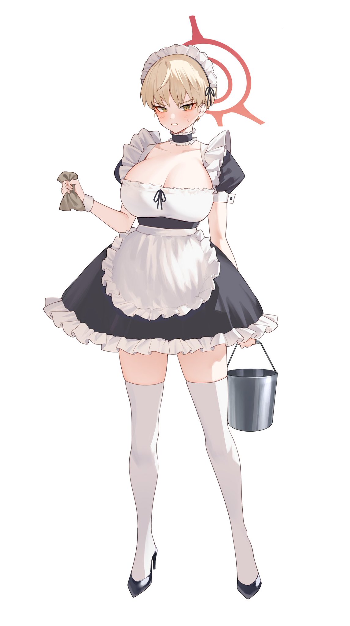 1girls, big breasts, blonde hair, blue archive, breasts, busty, cleavage, curvaceous, curvy, curvy body, curvy female, curvy figure, curvy hips, female, female focus, female only, heels, huge breasts, large breasts, legwear, maid, maid headdress, maid uniform, marina (blue archive), mashilemo, short hair, slim waist, solo, solo female, thick thighs, thighhighs, thighs, very short hair, voluptuous, wide hips
