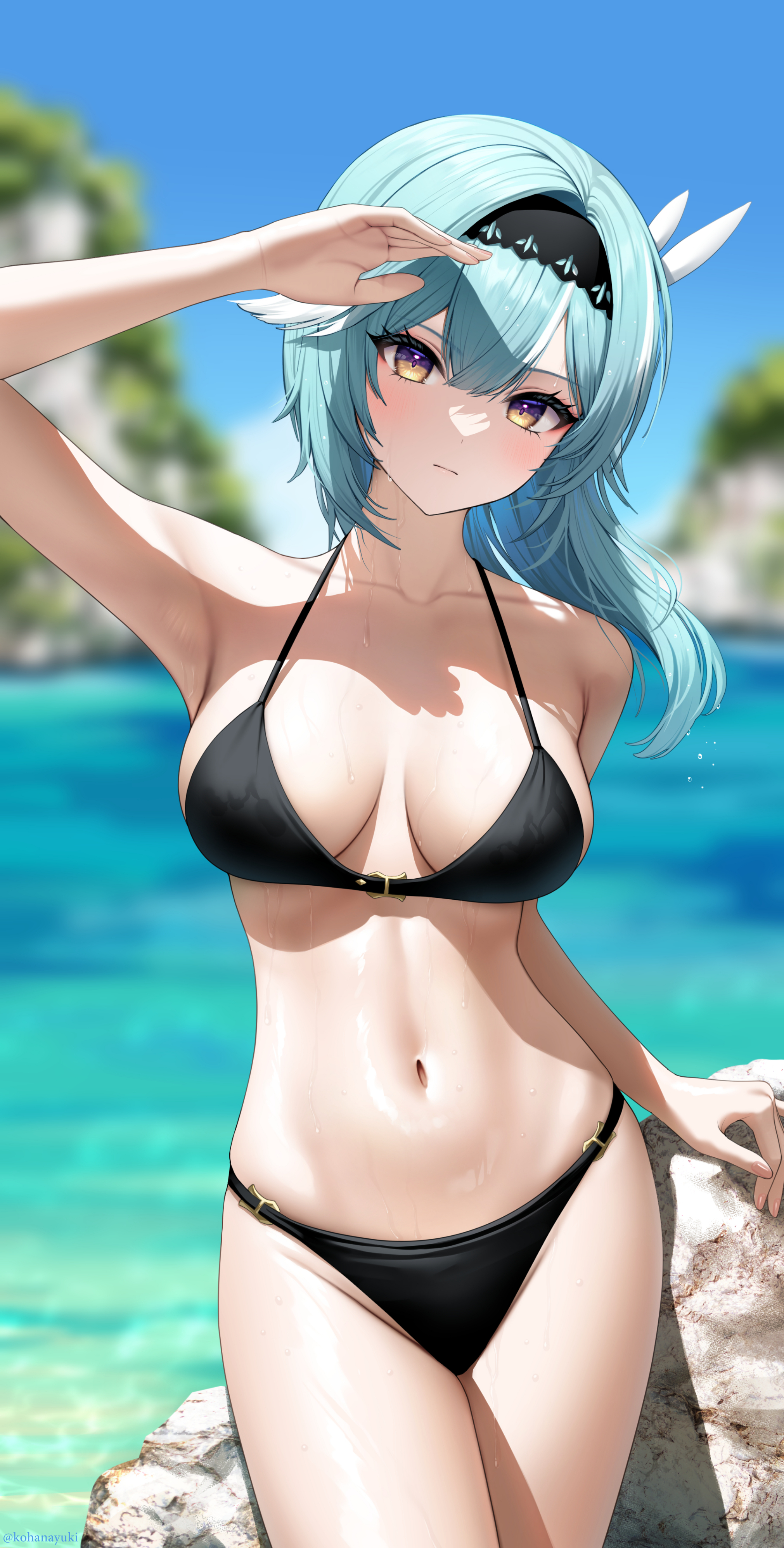absurdres, aqua hair, arm up, armpits, arms up, artist name, asymmetrical hair, bangs, big breasts, bikini, black bikini, black hairband, blue sky, blurry, blurry background, breasts, closed mouth, collarbone, cowboy shot, curvy, day, eula (genshin impact), expressionless, female, genshin impact, hair ornament, hairband, highres, hourglass figure, huge breasts, kohanayuki, large breasts, looking at viewer, medium hair, navel, outdoors, rock, round breasts, shaded face, sky, solo, solo female, stomach, strap gap, swimsuit, thick thighs, voluptuous, water, wet, wet hair, yellow eyes
