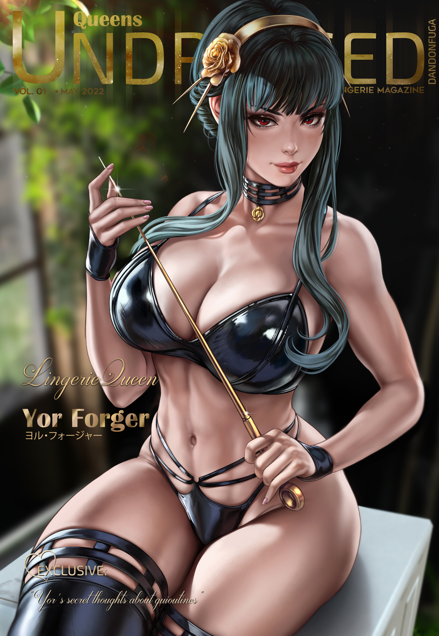 1girls, assassin, big breasts, bikini, black bikini, black hair, black swimsuit, blue hair, breasts, cleavage, clothing, dandon fuga, female, fingerless gloves, gloves, hair ornament, hartman hips, hi res, jewelry, long hair, looking at viewer, necklace, red eyes, smile, solo, spy x family, stiletto (weapon), swimsuit, thick thighs, thighhighs, thorn princess, toned, weapon, window, yor briar, yor forger