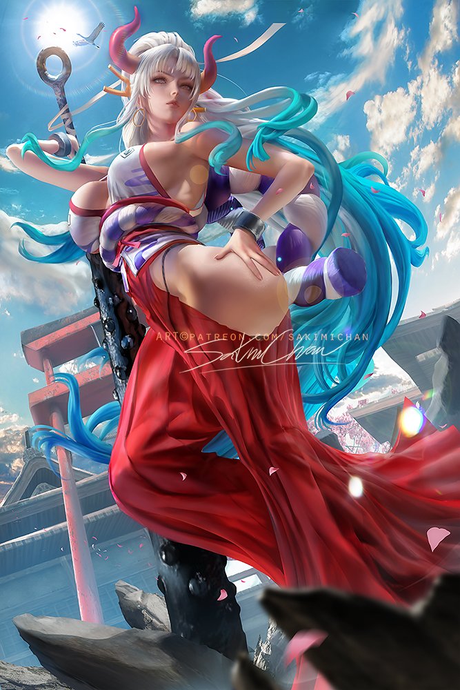 1girls 2022 artist_signature big_breasts blonde_female blue_hair breasts brown_eyes clothed clothing curvy ear_piercing earrings female female_focus female_only gradient_hair hakama hand_on_hip hi_res highres hips hoop_earrings horned_humanoid horns huge_breasts humanoid kanabou light-skinned_female light_skin long_hair multicolored_hair one_piece oni oni_horns outdoors revealing_clothes sakimichan simple_background slim_waist solo thick_thighs thighs two_tone_hair watermark white_hair wide_hips yamato_(one_piece) yellow_eyes youkai