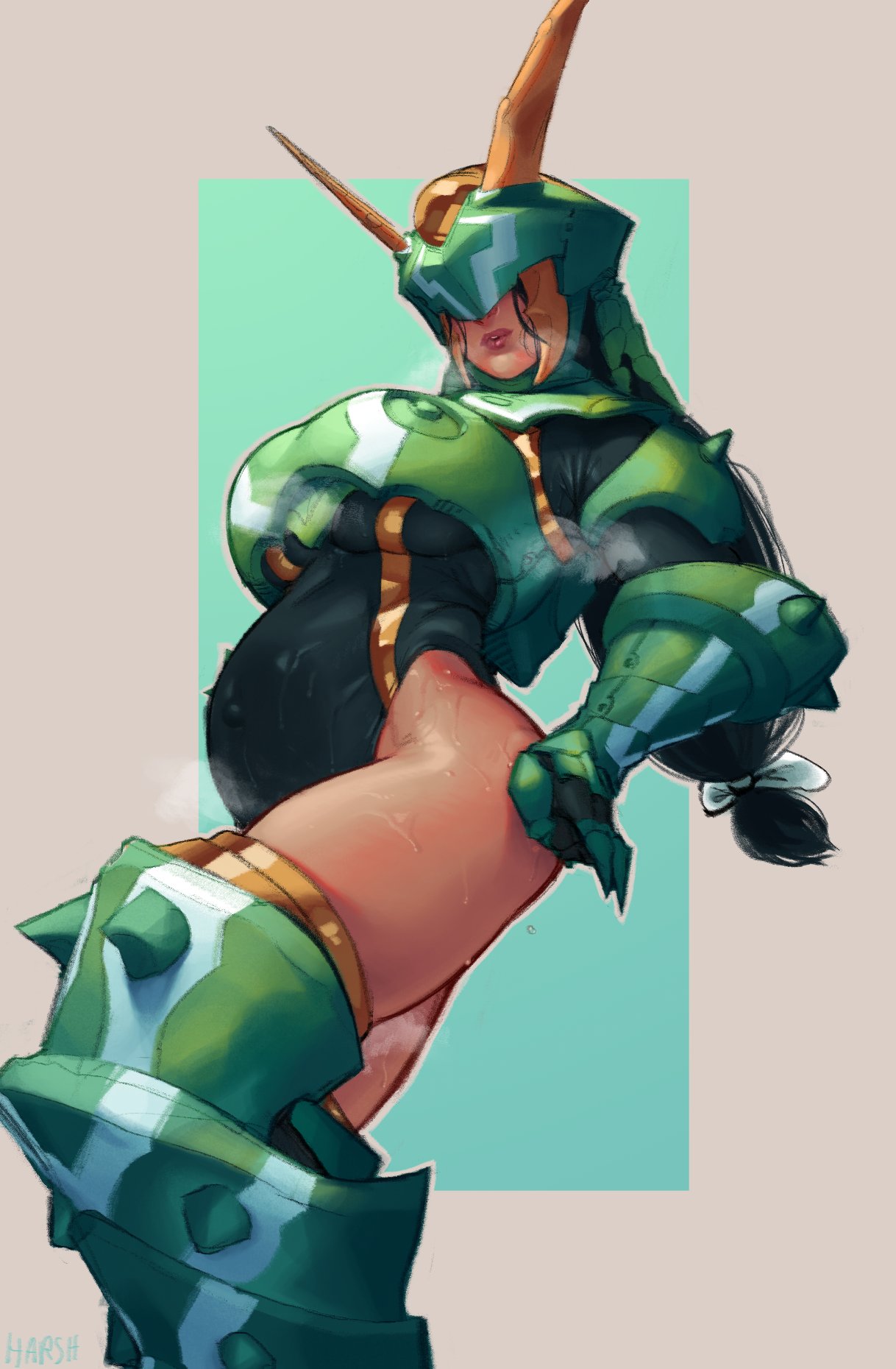 1girls, armor, black hair, female, female focus, female only, hunter (monster hunter), krekk0v, monster hunter, pregnant, seltas (armor)