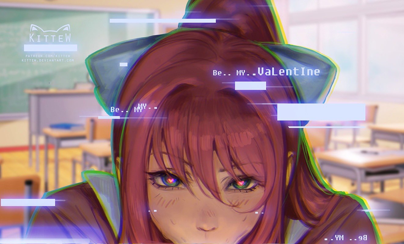 1boy, 1girls, blowjob, blowjob face, blush, doki doki literature club, english text, fellatio, female, glitch, heart-shaped pupils, implied blowjob, implied fellatio, implied oral, kittew, looking at viewer, male, male pov, monika (doki doki literature club), oral, out-of-frame censoring, pov, pov eye contact, text, valentine's day
