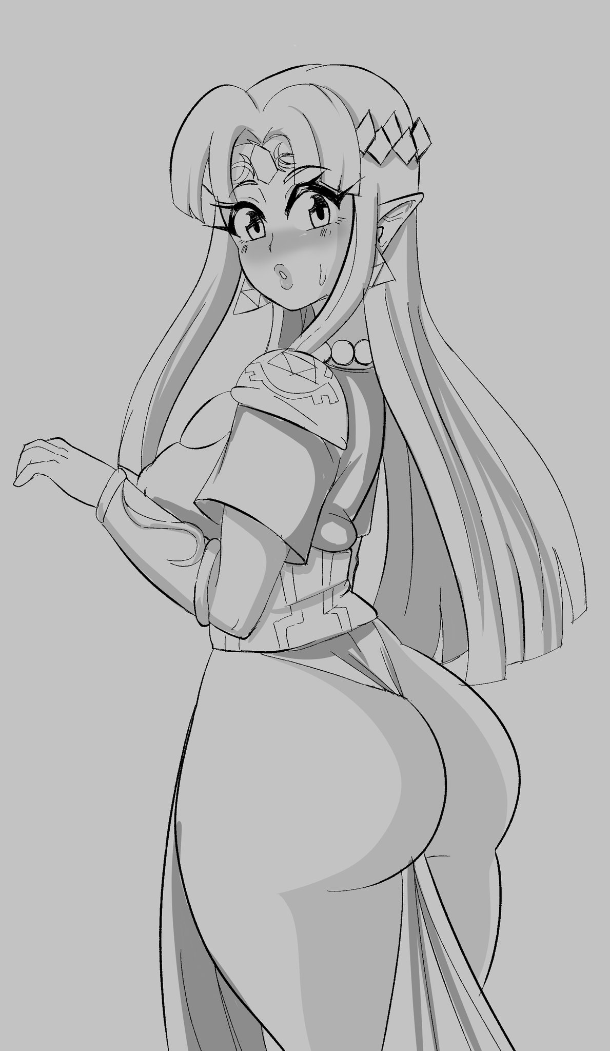 1girls, a link between worlds, ass, female, female only, monochrome, princess zelda, protoscene, sketch, solo, the legend of zelda, zelda (a link between worlds)