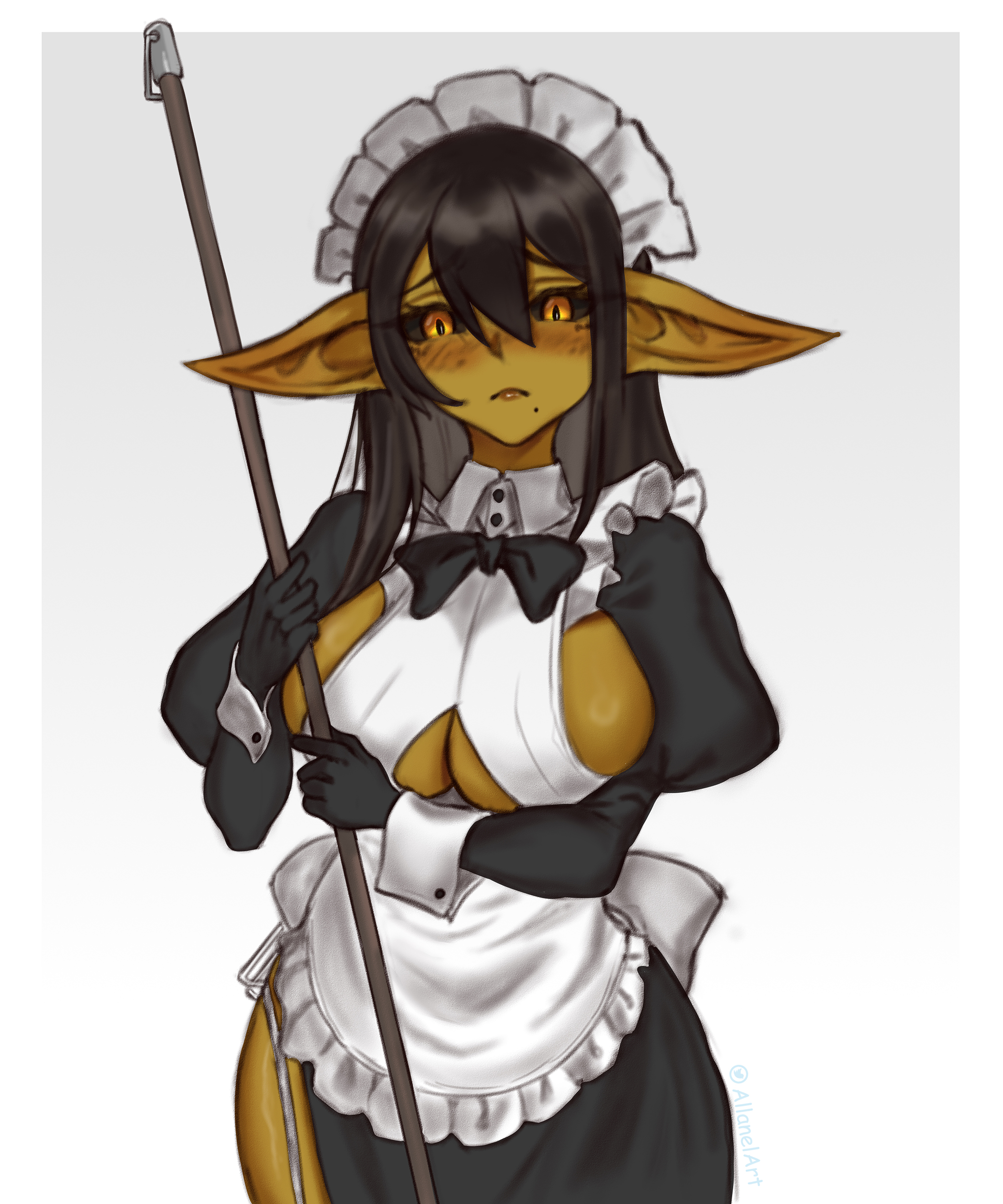 1girls, allanel, black hair, black sclera, blush, breasts, cleavage cutout, embarrassed, female, female only, goblin, goblin female, hi res, long ears, long hair, looking at viewer, maid, maid headdress, maid uniform, mole, mole under mouth, original, pointy ears, sideboob, slit pupils, solo, solo female, tiamit (allanel), yellow eyes, yellow skin