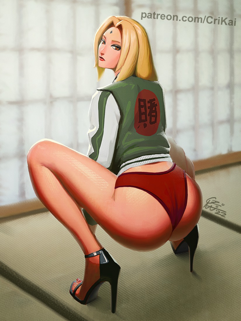 1girls, ass, blonde hair, brown eyes, crimson kaiserin, female, female only, forehead jewel, hi res, high heels, large ass, long hair, looking at viewer, looking back, mature, mature female, naruto, naruto (series), open toe shoes, panties, solo, squatting, tsunade, underwear