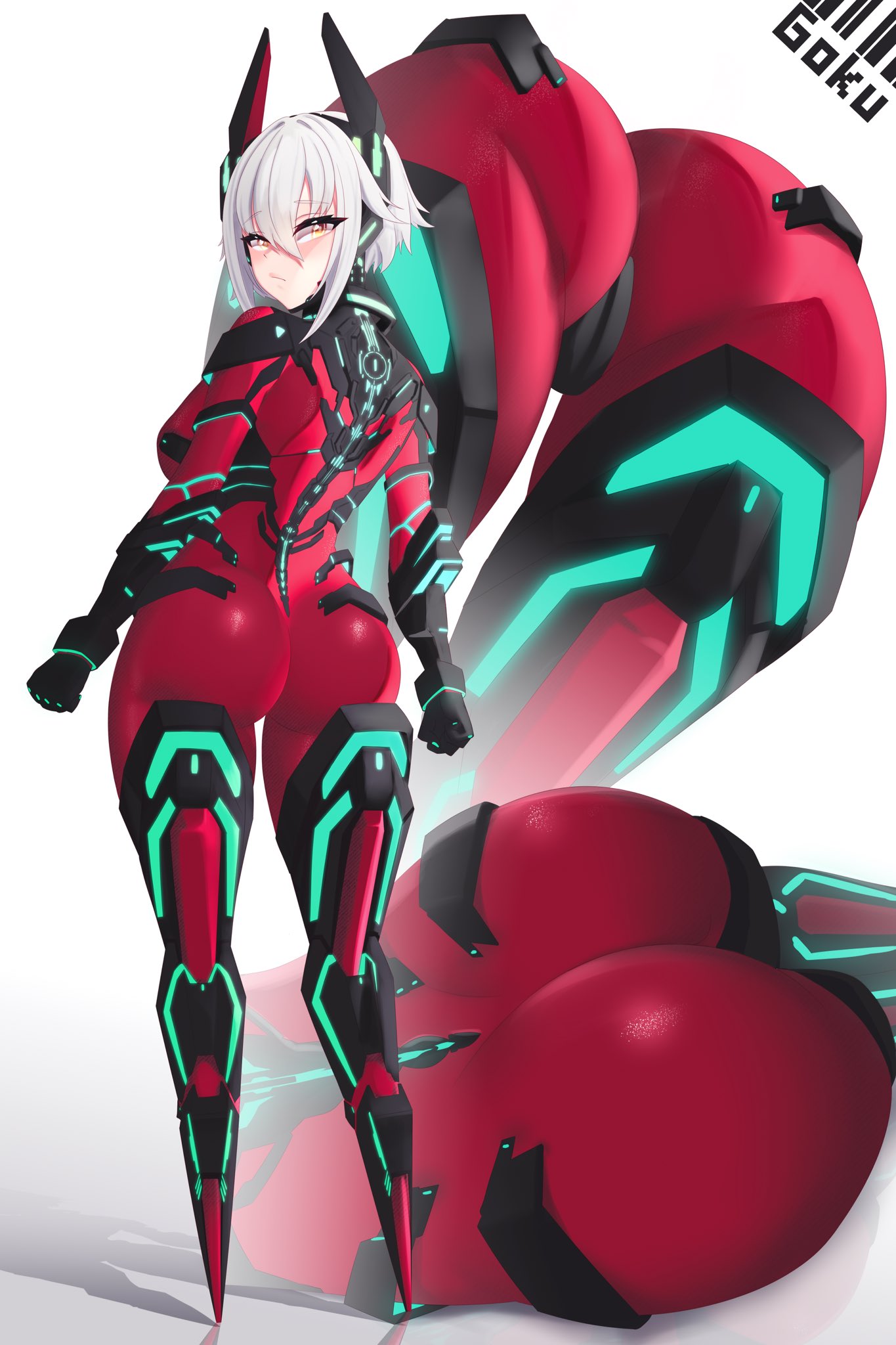 android, android girl, ass, big ass, bodysuit, cybernetics, female, female focus, female only, from behind, mechanical, solo, solo female, thick thighs, virtual youtuber, vshojo, white hair, zentreya, zentreya (cyborg)