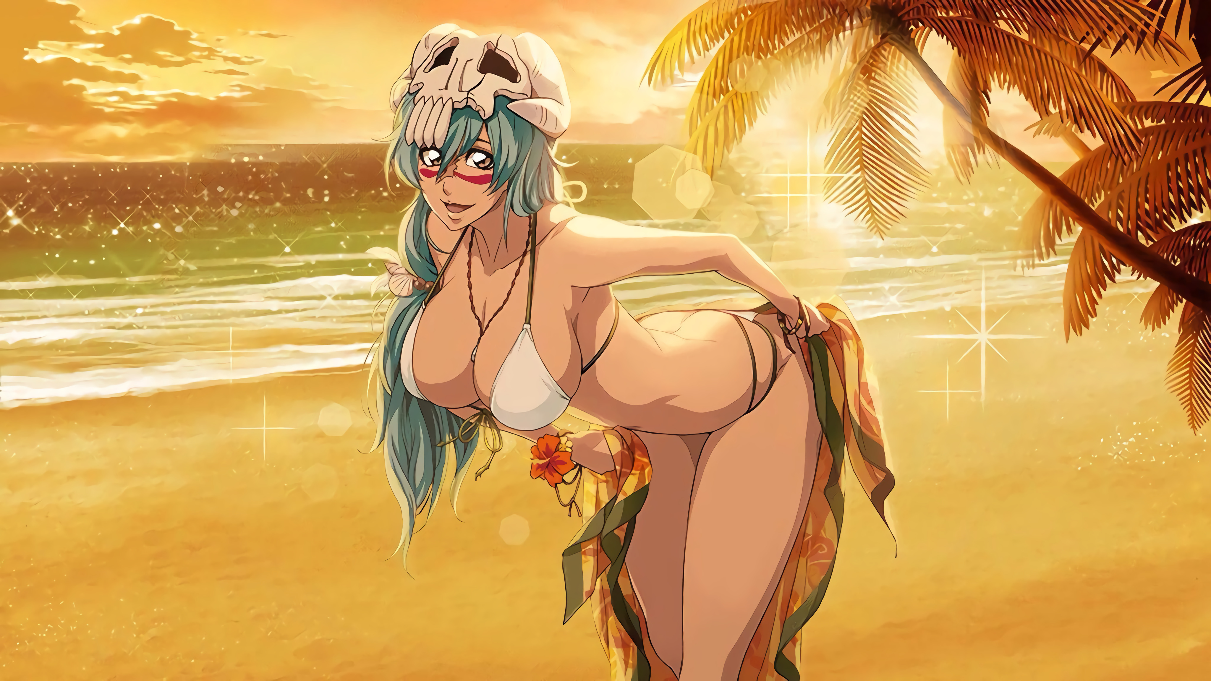 beach, bikini, bleach, bleach brave souls, breasts, facial markings, female, green hair, huge breasts, necklace, nelliel tu odelschwanck, official art, scar