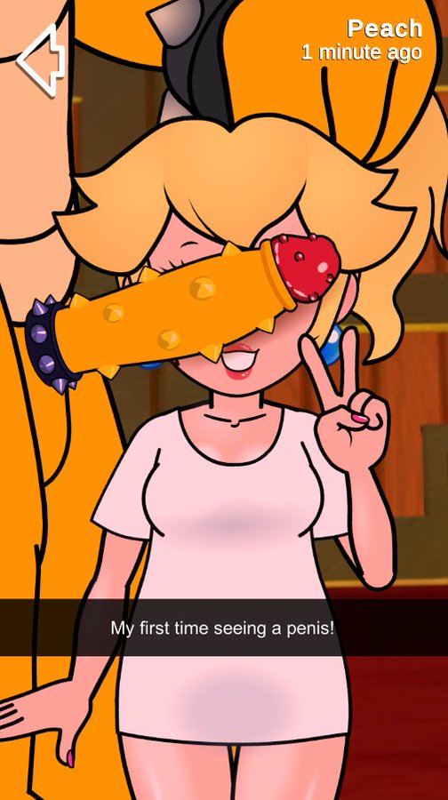 1boy, 1girls, big penis, bowser, cant see the haters, clothed, clothing, cock ring, drybonex, english text, female, holding hair, huge cock, male, mario (series), nintendo, peace sign, penis, penis awe, penis covering eyes, princess peach, snapchat, spiked penis, super mario bros., text