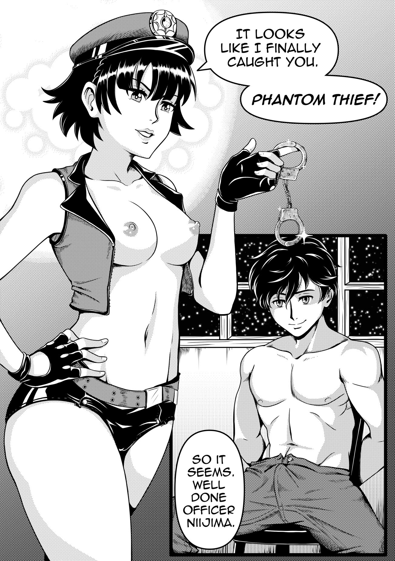 1boy, 1girls, 2022, akira kurusu, black and white, black hair, bondage, breasts, clothing, dialogue, female, fingerless gloves, handcuffs, hat, joker (persona), makoto niijima, male, muff17, muscular, muscular male, nipples, persona, persona 5, police, police hat, police uniform, policewoman, ren amamiya, restrained, roleplay, short hair, smile, speech bubble, straight, text, white skin