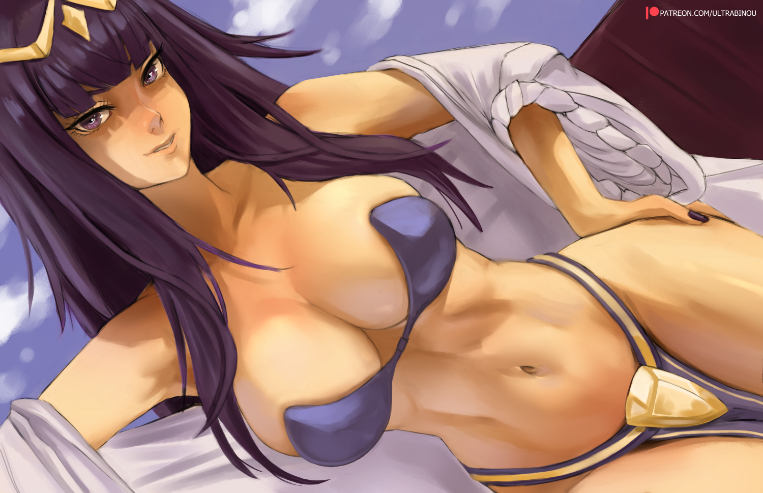 1girls, artist name, bangs, bathrobe, big breasts, black nails, blue sky, breasts, busty, child bearing hips, cleavage, cloud, clouds, commentary, dark hair, day, english commentary, female, female only, fingernails, fire emblem, fire emblem awakening, hand on hip, hips, jewelry, large breasts, lips, long hair, long sleeves, looking at viewer, midriff, nail polish, navel, nintendo, off shoulder, on side, outdoors, painted nails, parted lips, pelvic curtain, purple eyes, seductive, seductive smile, sensual, shiny, shiny hair, simple background, sky, smile, solo, stomach, swimsuit, tharja (fire emblem), tiara, ultrabinou, voluptuous, watermark, wide sleeves