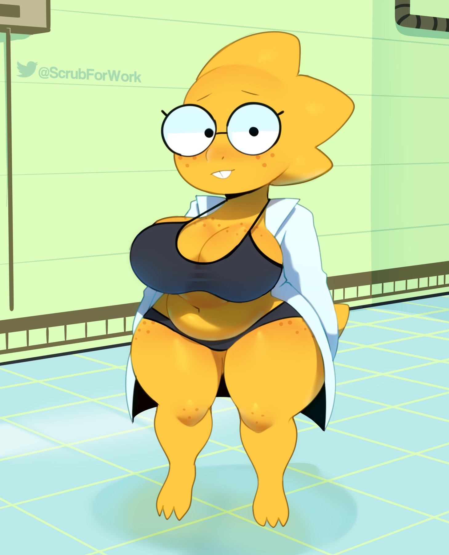 1girls, 2d, alphys, anthro, bra, chubby, female, female only, glasses, humanoid, indoors, lizard, lizard girl, lizard humanoid, monster, monster girl, panties, reptile, reptile humanoid, solo, somescrub, standing, tagme, thong, undertale, undertale (series), underwear, yellow body, yellow skin