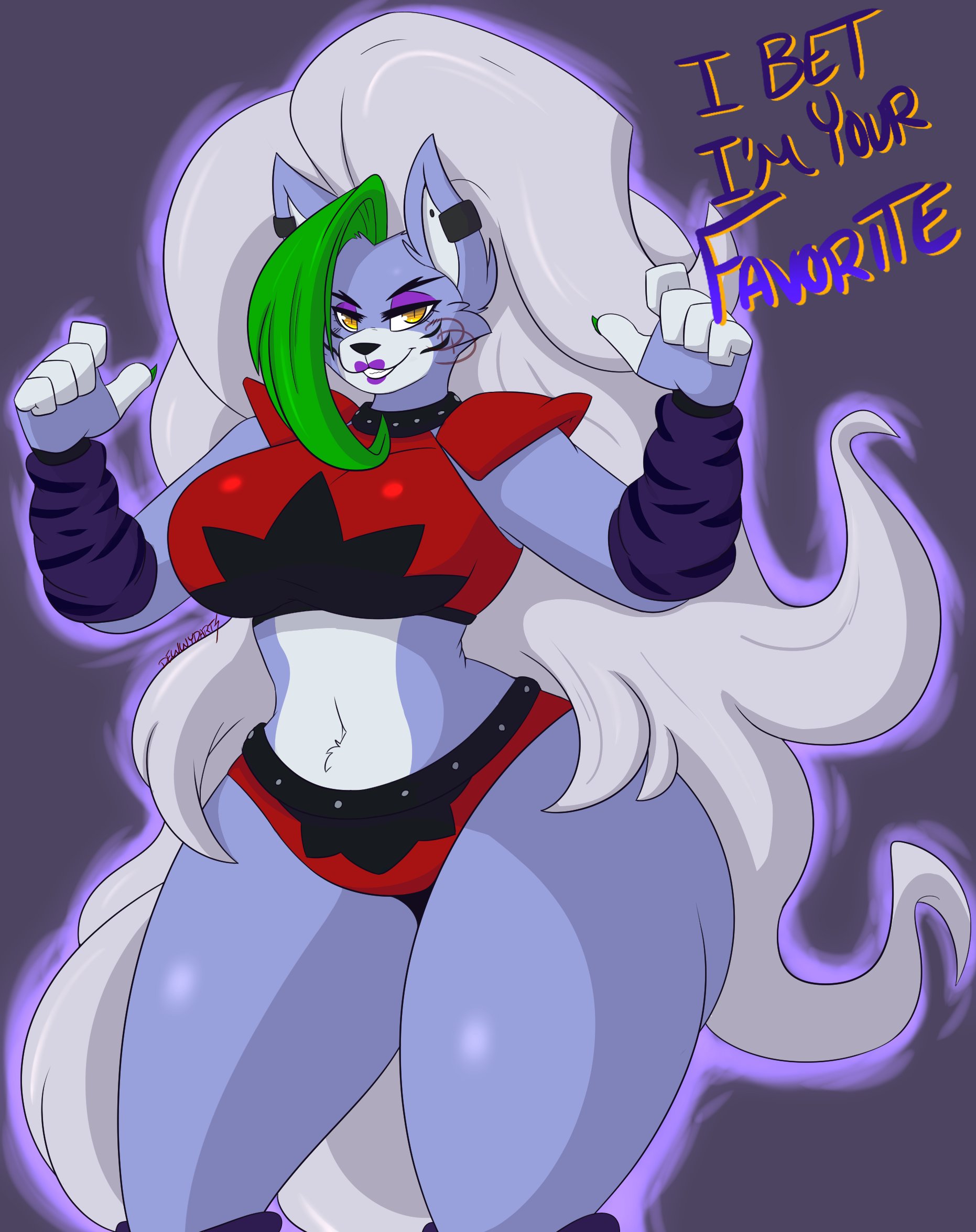 breasts, canid, canine, canis, clothed, clothing, dewwydarts, dewwydartz, dialogue, english text, female, five nights at freddy's, five nights at freddy's: security breach, fur, furry, furry only, hi res, roxanne wolf (fnaf), tagme, tail, text, thick thighs, thunder thighs, wide hips, wolf