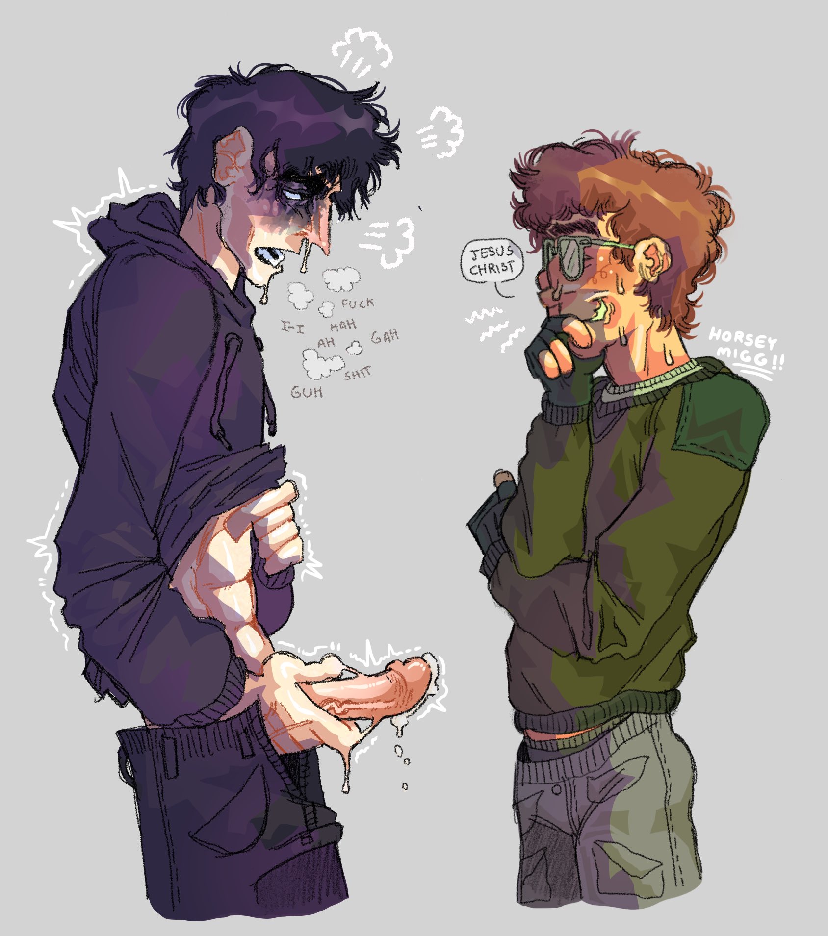 2boys, batman, batman (bruce wayne), bruce wayne, dc, dc comics, edward nashton, gay, hoodie, male, male only, masturbation, riddler, watching masturbation, yaoi