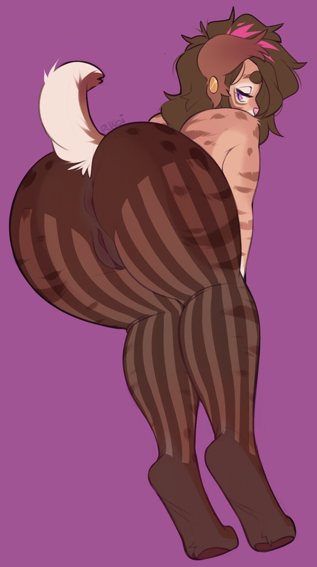 anthro anus ass brown_body brown_fur brown_hair buxbi clothed clothing ear_piercing felid female fur gauged_ear genitals hair half-closed_eyes highlights_(coloring) kala_(buxbi) leaning leaning_forward legwear looking_back machairodontine mammal multicolored_body multicolored_fur narrowed_eyes original original_character pantyhose pawpads piercing pink_highlights presenting presenting_hindquarters purple_background purple_eyes pussy simple_background solo striped_body striped_fur stripes thick_thighs translucent translucent_clothing white_body white_fur