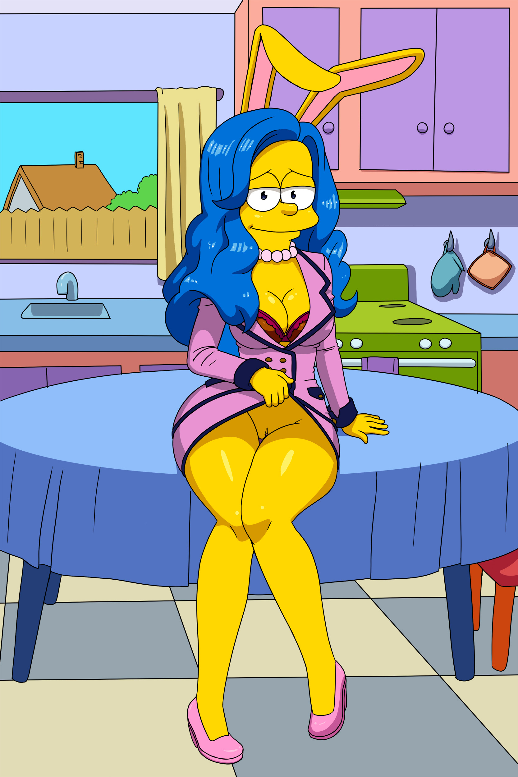 business suit, female, hair down, high heels, marge simpson, no panties, pussy, rabbit ears, the simpsons, upskirt