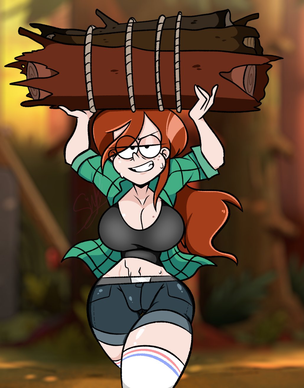 1girls, big breasts, breasts, clothing, denim shorts, disney, female, gravity falls, hat, human, long hair, muscular, muscular female, pixelzsinful, straight hair, teeth, wendy corduroy