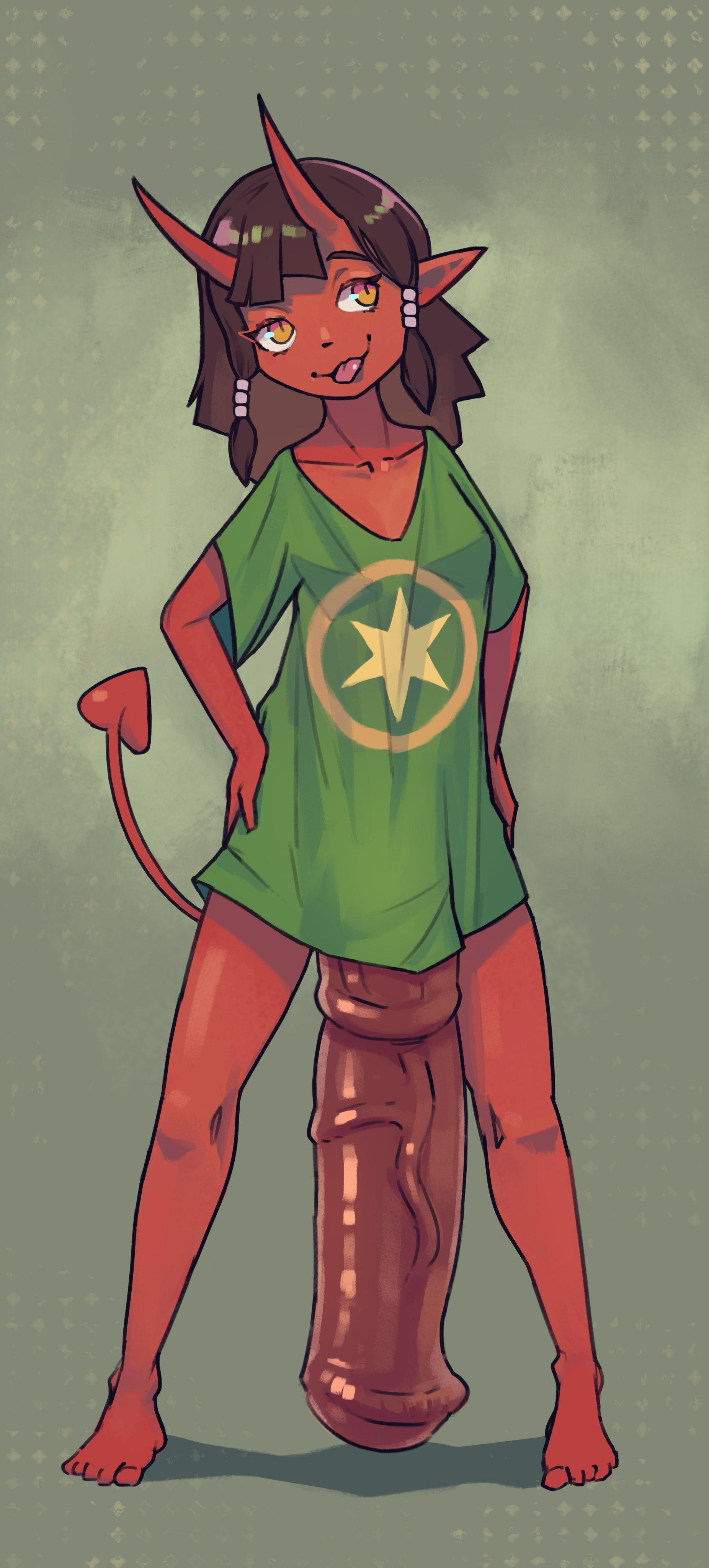 1futa, animal penis, brunette, cura curchack, demon, demon girl, female, futa only, futanari, horns, horsecock, hyper, hyper penis, intersex, large penis, long penis, oversized shirt, partially clothed, penis, penis to the knees, red skin, small but hung, solo futa, tagme, thick penis, very long penis