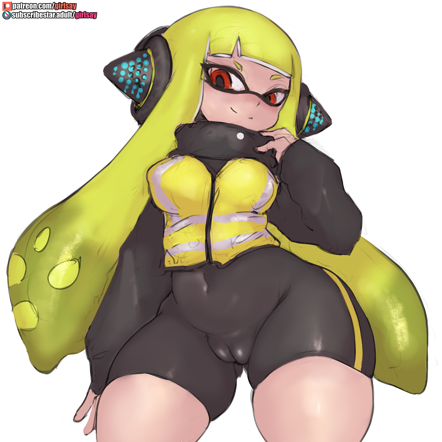 1girls, agent 3 (splatoon), animal humanoid, anthro, ass visible through thighs, big breasts, bike shorts, black clothing, breasts, cameltoe, cephalopod, cephalopod humanoid, female, girlsay, headphones, humanoid, inkling, inkling girl, jacket, kaori (splatoon), light skin, long hair, looking down, mask (marking), navel visible through clothes, nintendo, pointy ears, pseudo hair, pussy, pussy bulge, red eyes, solo, solo female, solo focus, splatoon, splatoon (series), splatoon: octo valley, squid, tentacle, tentacle hair, thick thighs, tight clothing, tight fit, white skin, wide hips, yellow hair