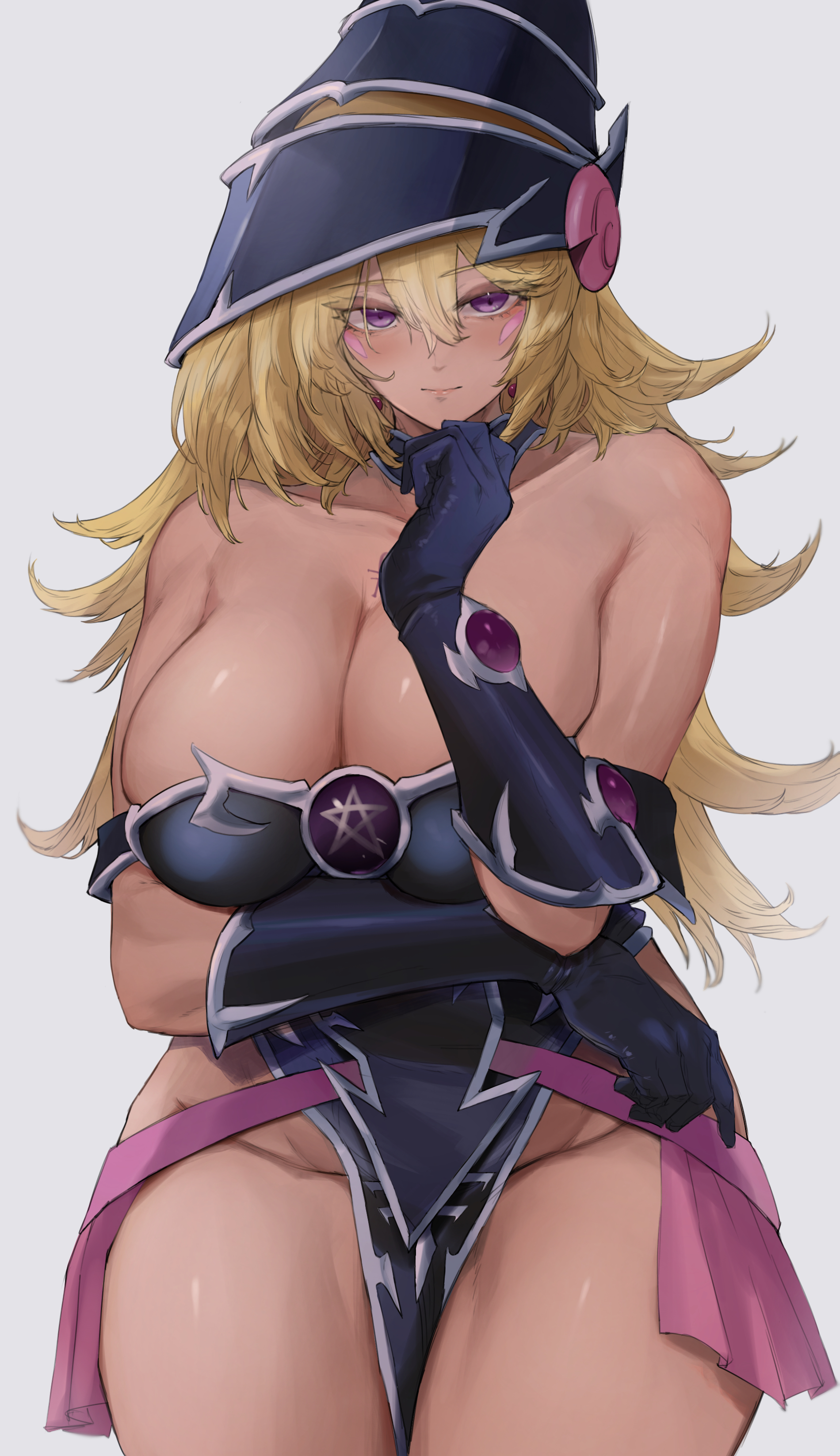 1girls, arm under breasts, blonde hair, breasts, cleavage, dark magician girl, female, female only, hi res, kataku musou, large breasts, long hair, looking at viewer, magi magi magician gal, pelvic curtain, pose, purple eyes, smile, solo, thick thighs, thighs, very long hair, wide hips, yu-gi-oh!