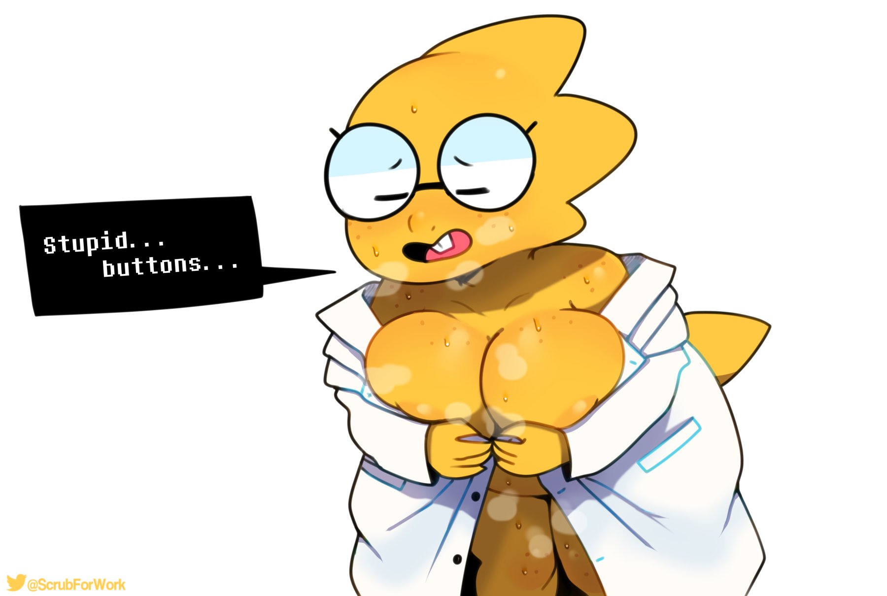 1girls, 2d, alphys, anthro, big areola, big breasts, big nipples, breasts, breath, chubby, completely nude, dialogue, dressing, english text, female, female only, glasses, huge breasts, humanoid, lizard, lizard girl, lizard humanoid, monster, monster girl, nude, reptile, reptile humanoid, simple background, solo, somescrub, steam, steaming body, steamy breath, sweat, sweatdrop, sweating, sweaty, tagme, text, undertale, undertale (series), white background, yellow body, yellow skin