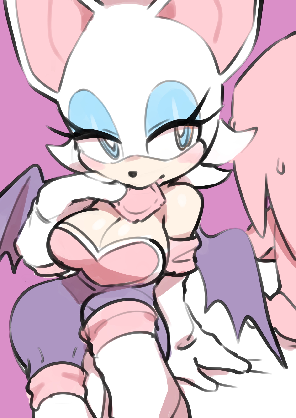 anthro, bat, black nose, blue eyes, blush, boots, breasts, chiropteran, clothing, condom, condom in mouth, eyelashes, eyeshadow, female, fingers, footwear, fur, glistening, glistening body, glistening skin, half-closed eyes, hi res, knuckles the echidna, lips, looking aside, looking at another, makeup, mammal, membrane (anatomy), membranous wings, narrowed eyes, purple background, red body, red fur, rouge the bat, sega, sexual barrier device, simple background, sitting, sketch, sonic (series), sonic the hedgehog (series), uyu, video games, white body, white fur, wide hips, wings