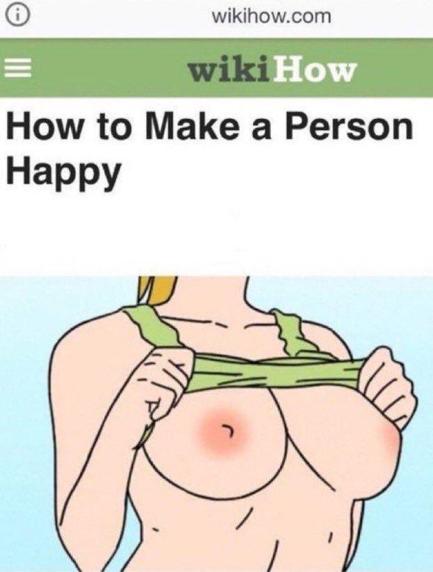 breasts flashing head_out_of_frame how_to_make_a_person_happy nipples no_bra tank_top tank_top_lift text white_skin wikihow