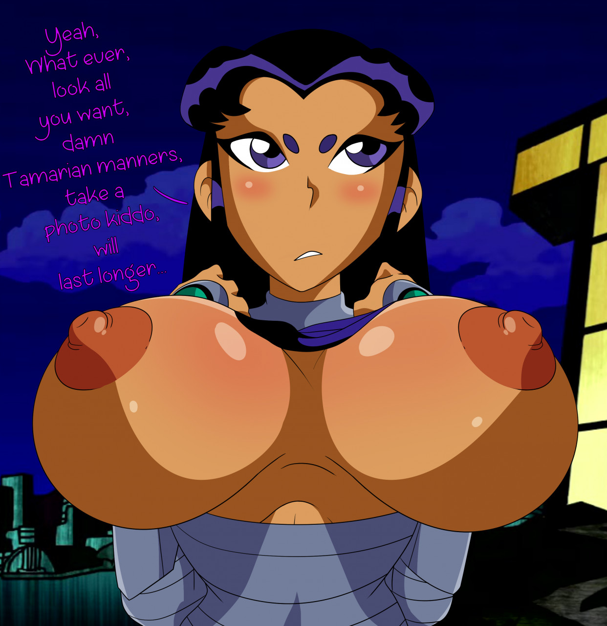 1girls, 2d, alien, big breasts, blackfire, breasts, dc, dc comics, female, huge breasts, komand'r, nipples, orange skin, solo female, straight hair, tan skin, tan-skinned female, teen titans, text, therealdoctorpepsi