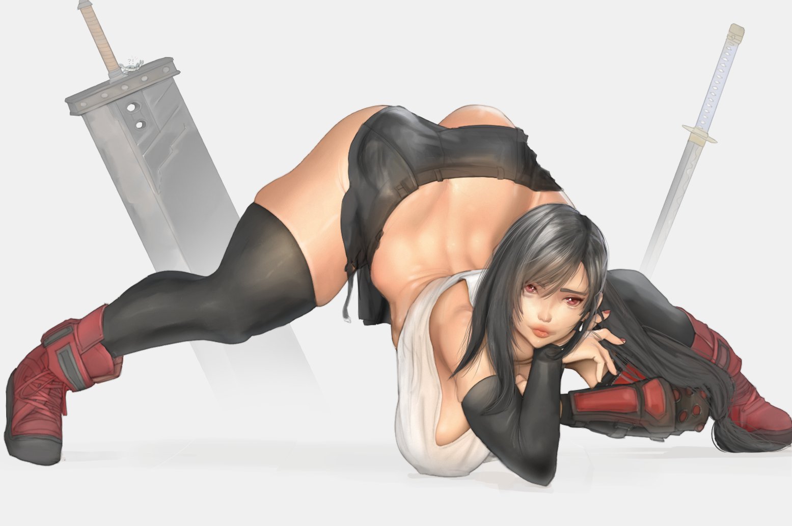 1girls, ass, ass cleavage, ass crack, black hair, breasts, butt crack, female, female only, final fantasy, final fantasy vii, hanging breasts, hi res, jack-o pose, large breasts, looking at viewer, red eyes, skindentation, solo, thighhighs, thighs, tifa lockhart, yoracrab