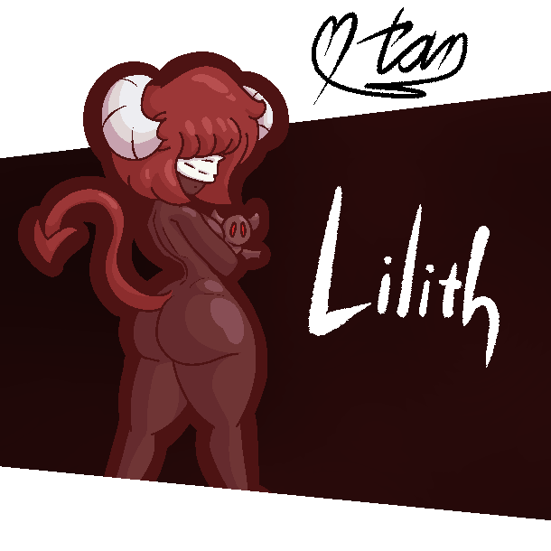 behind_view big_butt creature demon demon_girl female female_only hair_over_eyes horns lilith_(the_binding_of_isaac) red_hair simple_background tail tami_(artist) the_binding_of_isaac wide_hips