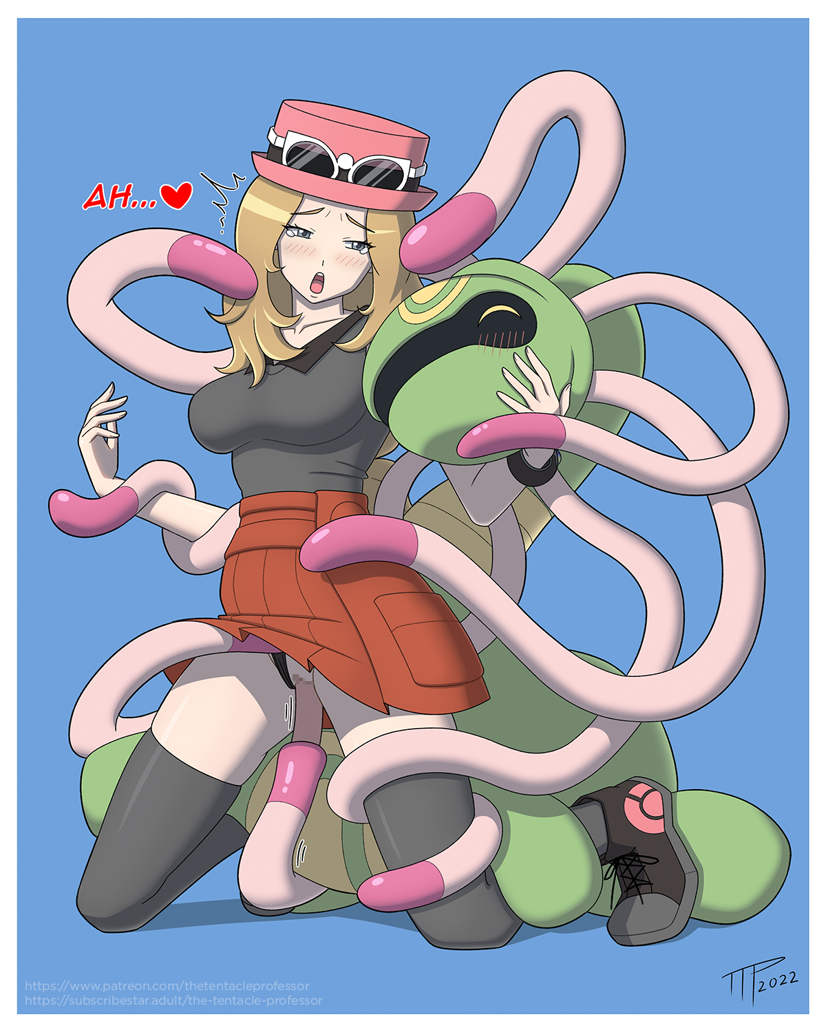 big breasts, breasts, censored, clothed, clothed female, clothed sex, consensual tentacles, cradily, dialogue, female, glasses, glasses on head, interspecies, nintendo, penetration, pokemon, pokemon xy, pokephilia, pussy, restrained, serena (pokemon), sex, skirt lift, sunglasses, sunglasses on head, tentacle, tentacle penetration, tentacle sex, text, the tentacle professor