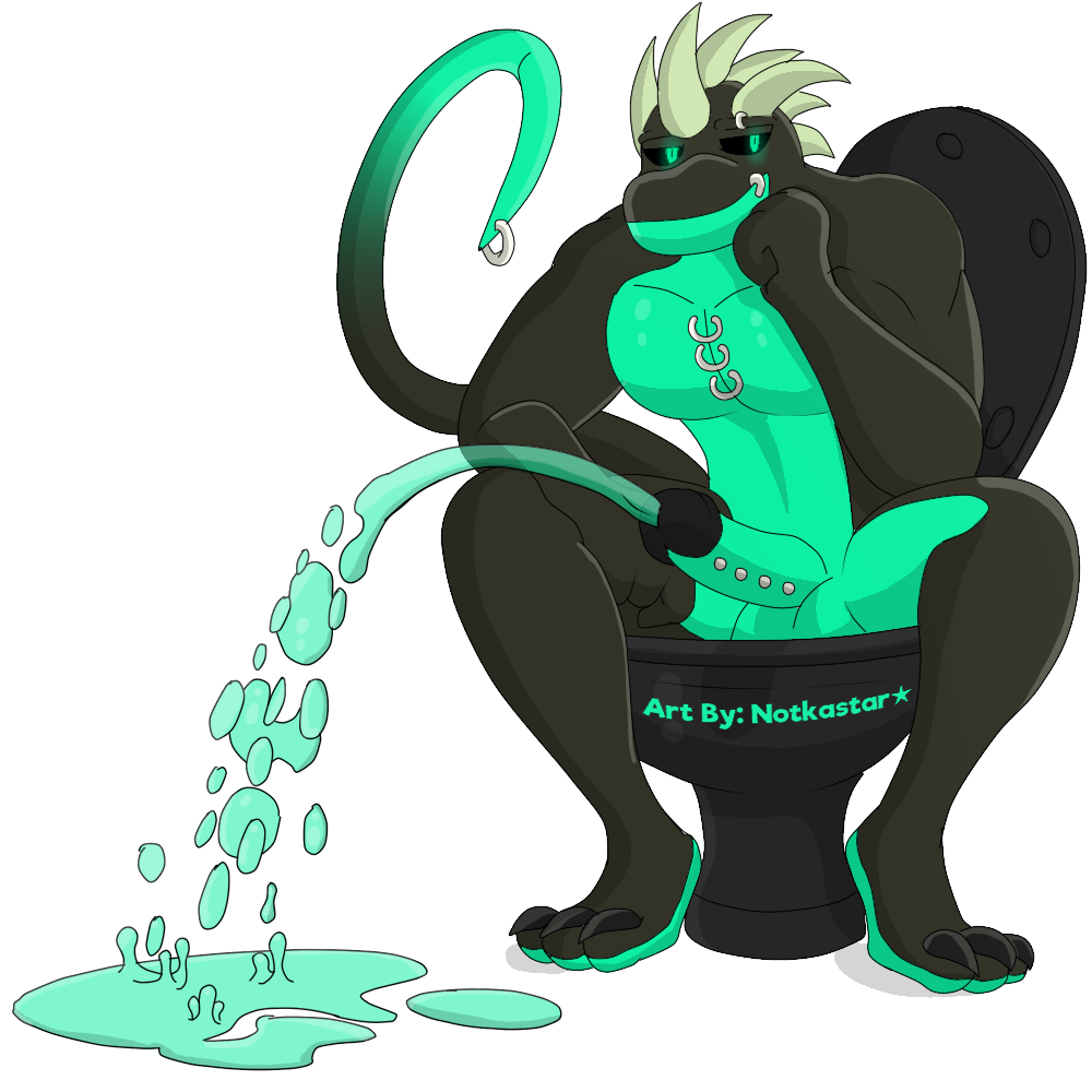 anthro balls claws dragon genitals horn jack_dragon_(character) male male_only notkastar nude peeing penis piercing sitting solo toilet