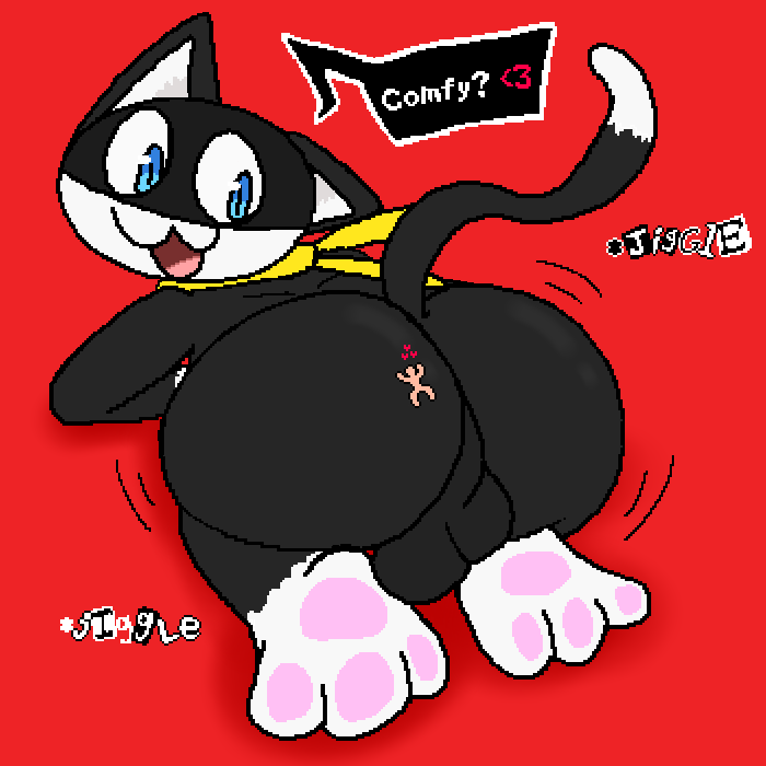 1boy anthro ass ass_up atlus balls domestic_cat feet felid feline felis genitals glistening glistening_butt heart human humanoid jiggling kralex_(artist) macro male male_only mammal megami_tensei megami_tensei_persona micro morgana_(persona) pawpads paws petplay roleplay size_difference size_play smile smothering speech_bubble text toes video_games